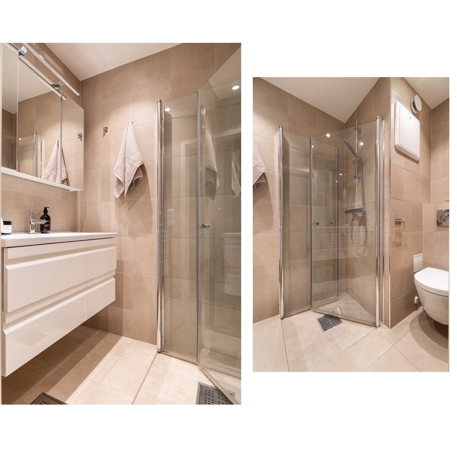 Det er varmekabler i gulvet, samt nedsenket malt himling med downlights. Galleribilde