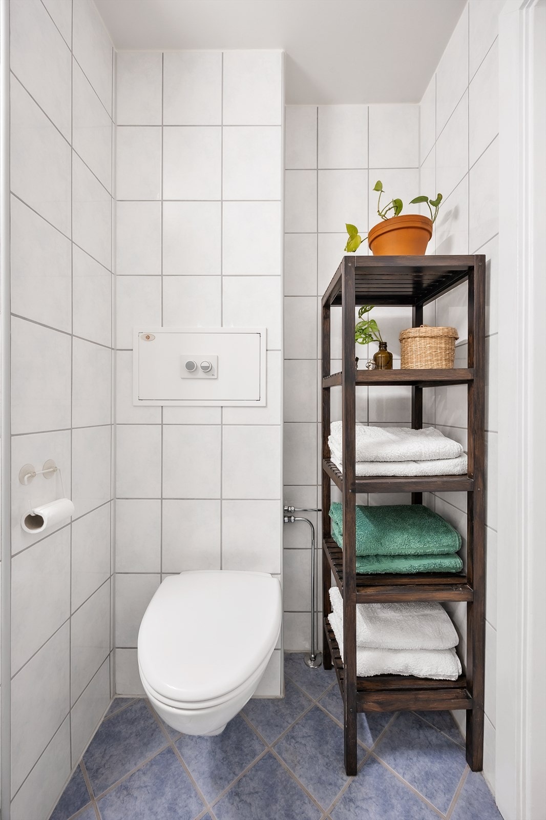 Toalett med hylleplass til håndklær og toalettsaker. Galleribilde