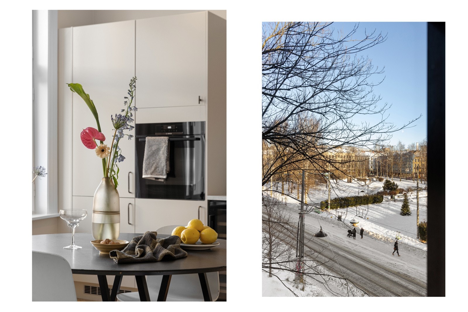Fra kjøkkenet og stuen er det flott utsyn mot parken. Det er god avstand til nærliggende bebyggelse og lite innsyn. Galleribilde