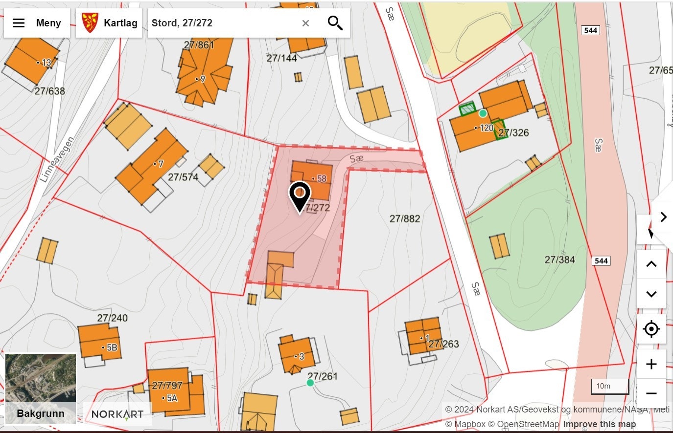 Tomta til Sæ 58 er markert med rødt. (Bilete frå kommunekart). Galleribilde