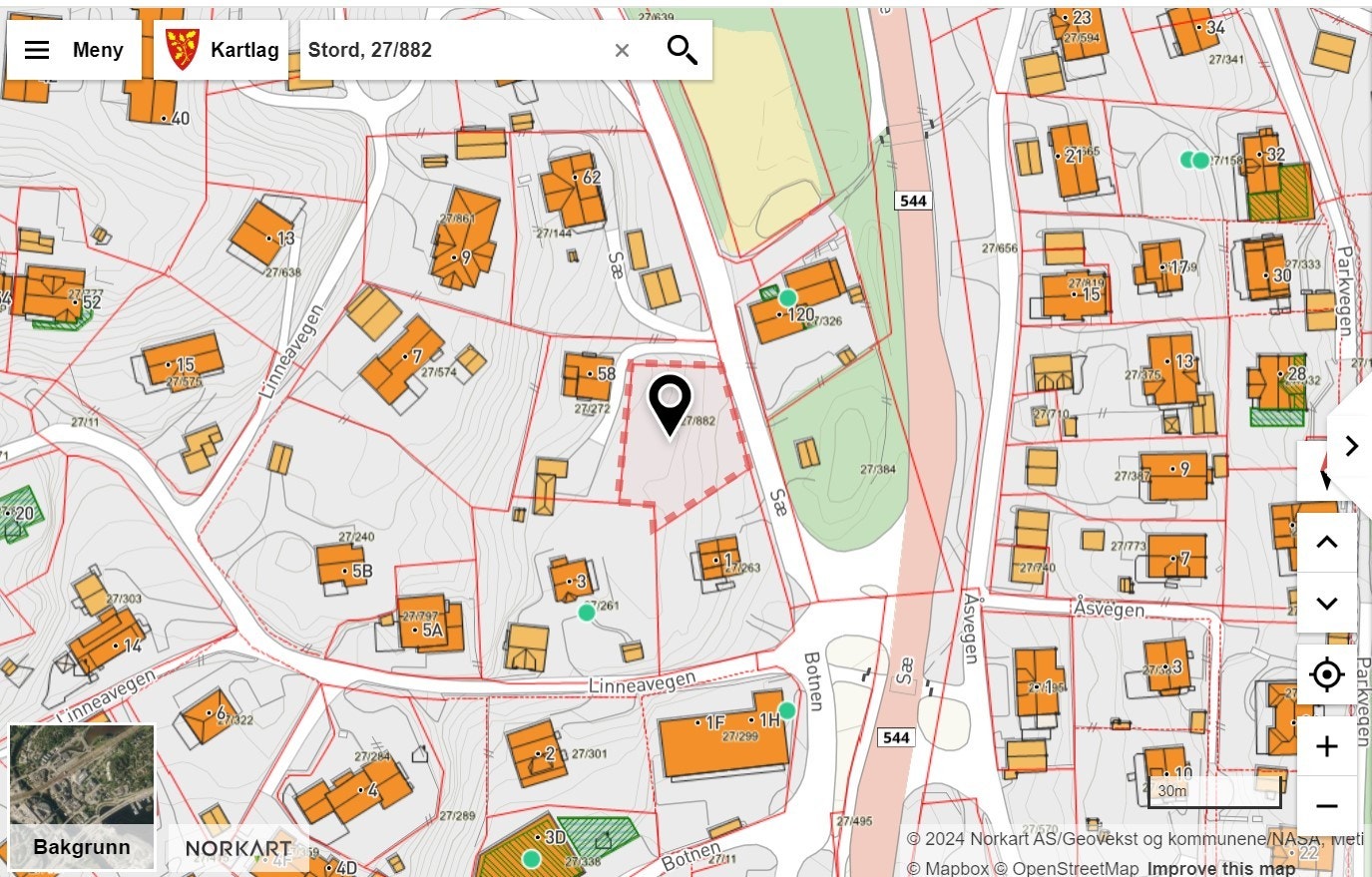 Det er og mogleg å kjøpe nabotomta på eigedommen også. Denne har gnr. 27, bnr. 882. Tomtearealet er på 769 m² Galleribilde