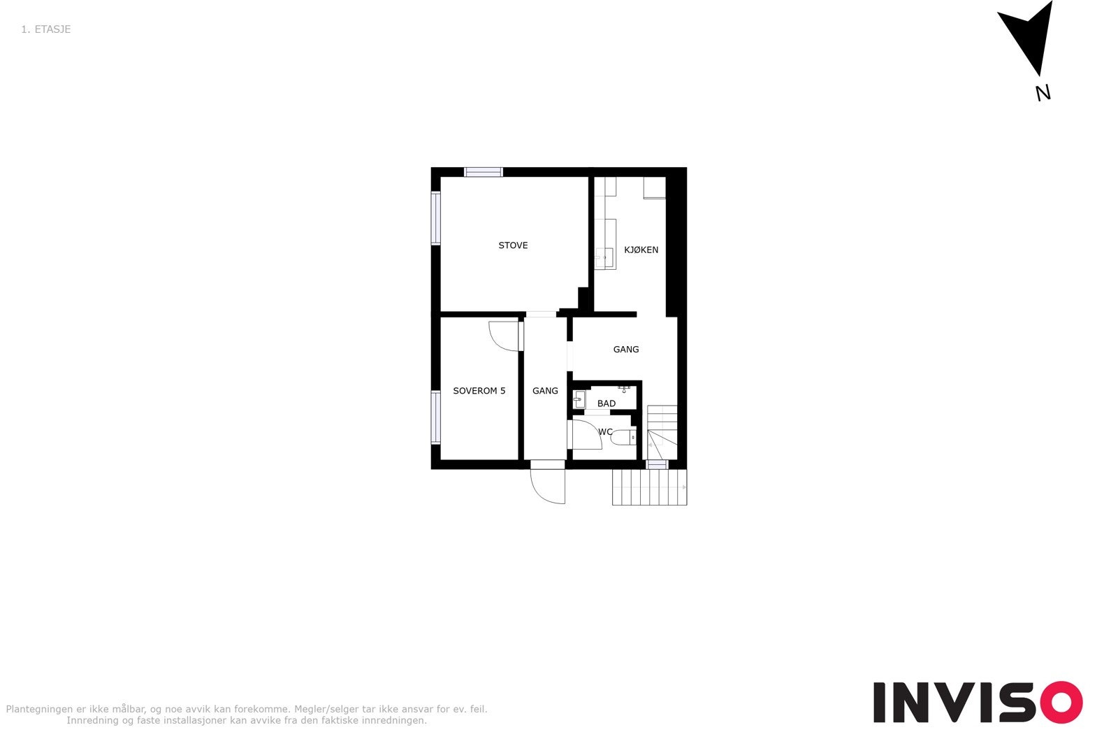 Illustrert planteikning underetasjen, avvik kan forekomme. Underetasjen består av hybel med gang, bad, soverom, stove og kjøken. Galleribilde