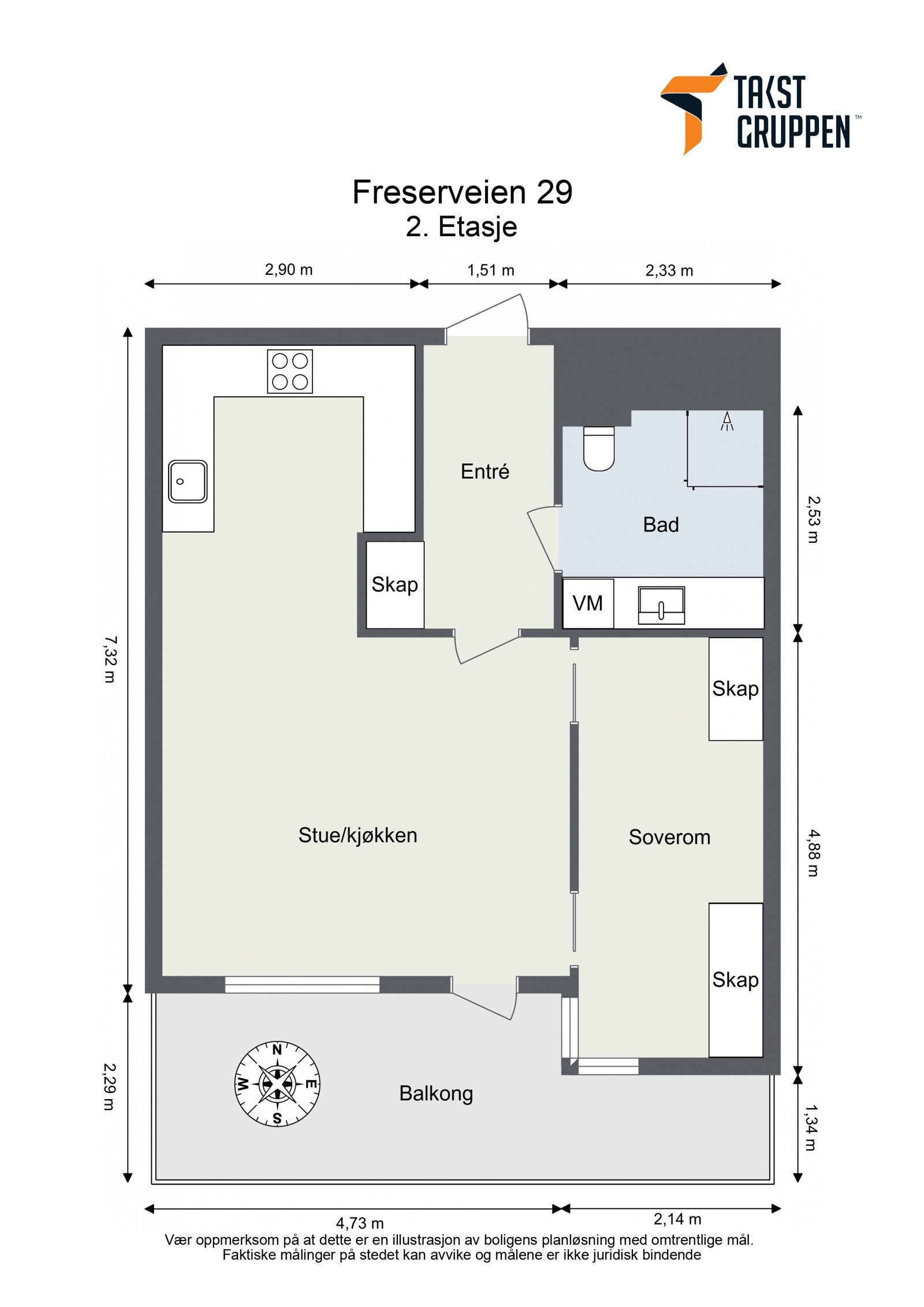 2. Etasje med heis. En bod i kjeller på 8 m² følger leiligheten. Selger disponerer pr. d.d. en bod nr 2. også på 8 m². Rettigheten er ikke varig Galleribilde
