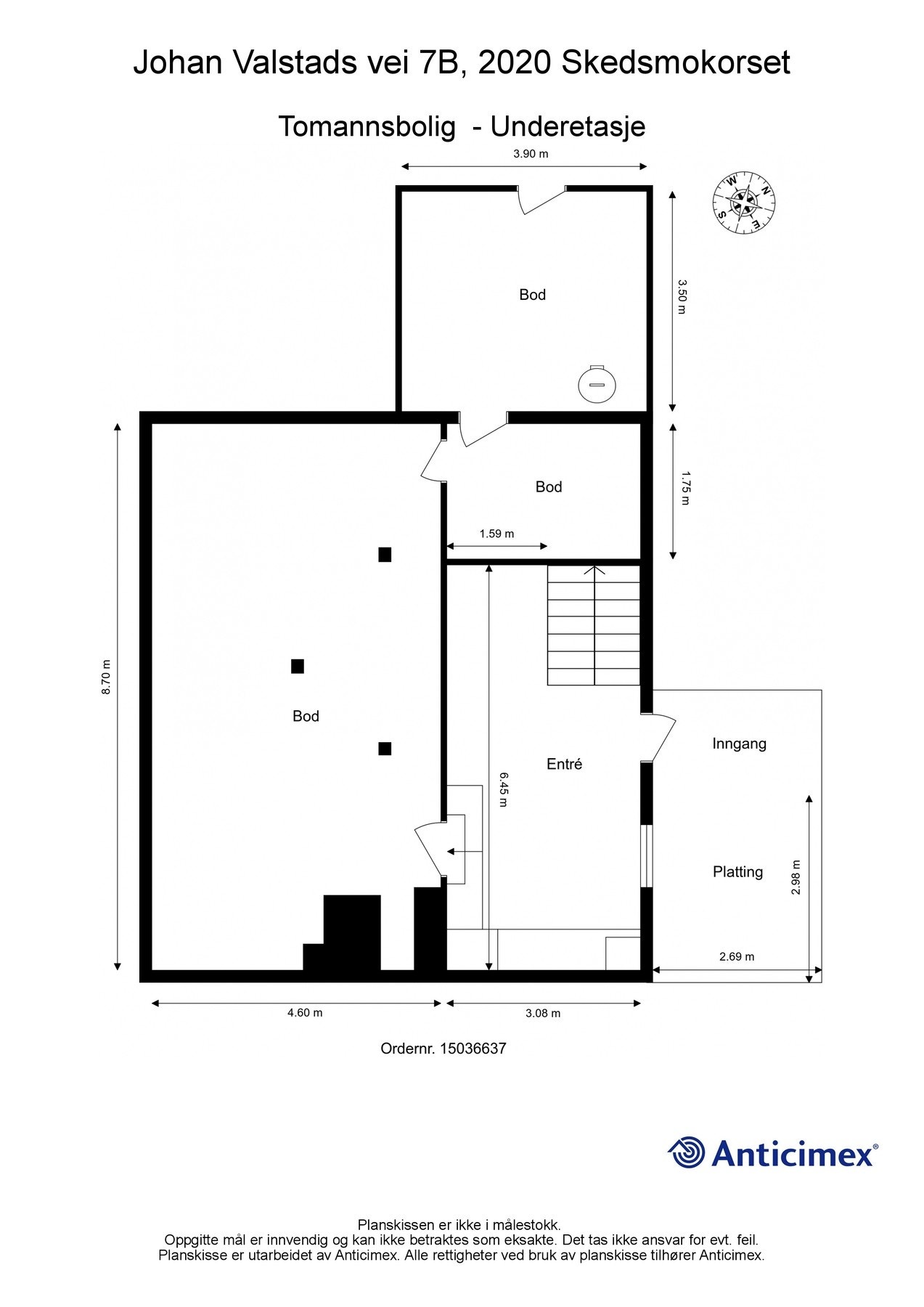 Planskisse for underetasjen. Boligen byr på tre boder som gir godt med oppbevaringsplass. Galleribilde