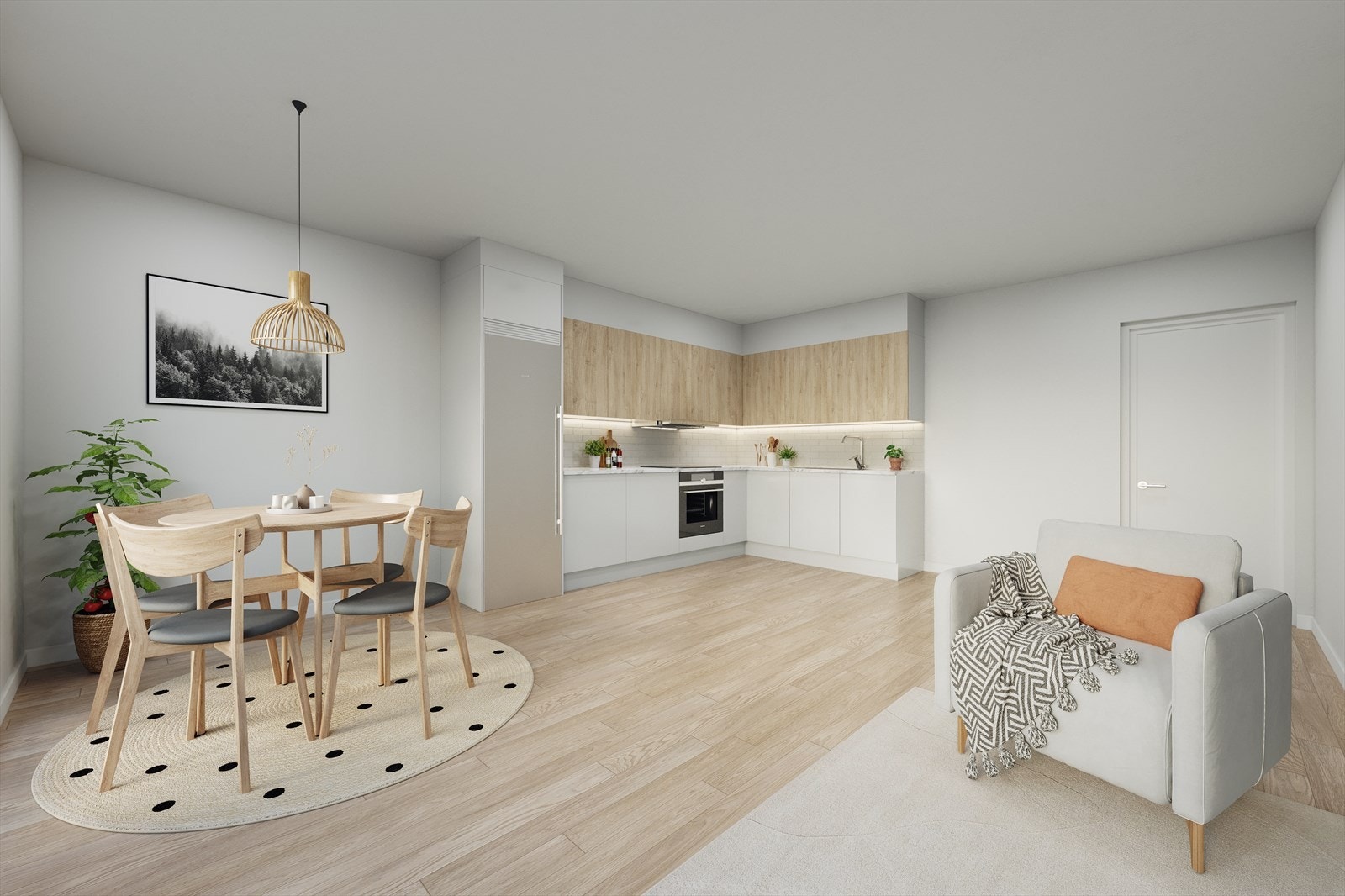 Visualisering av stue med åpen kjøkkenløsning Galleribilde