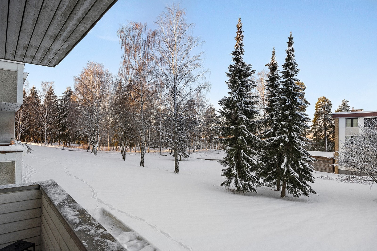 Utiskt mot grønt fellesområde fra balkongen. Galleribilde