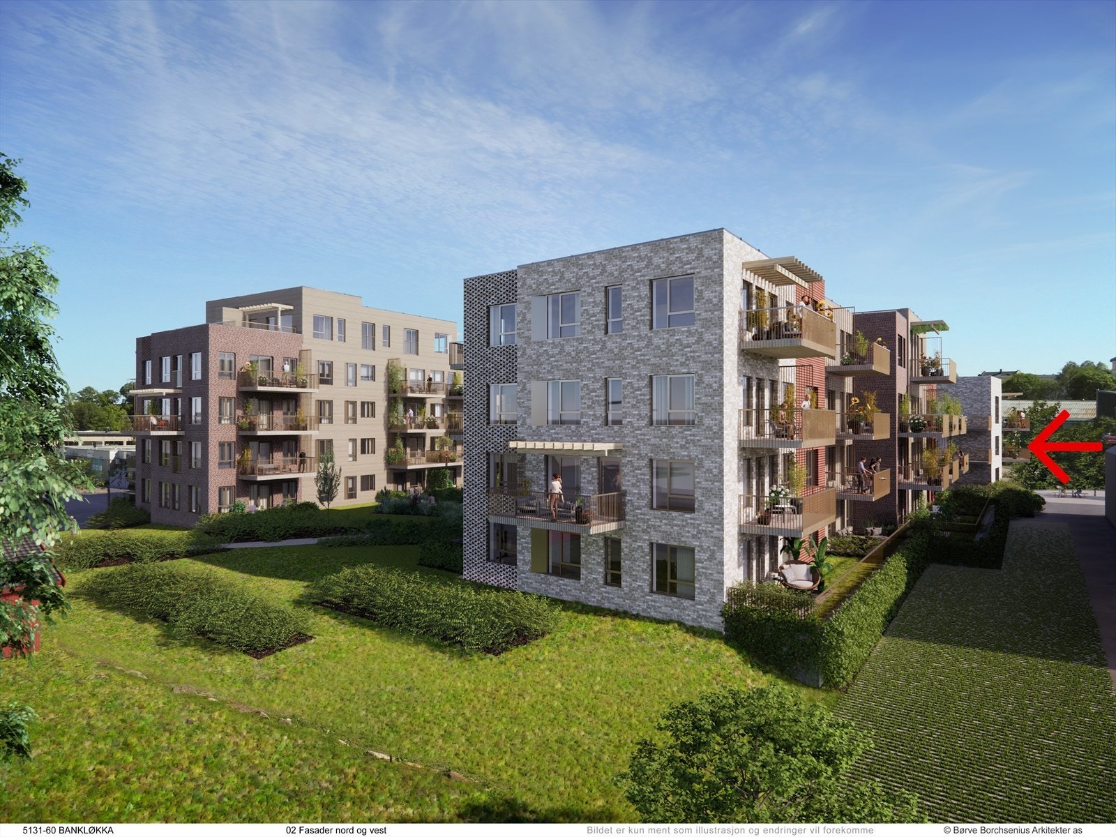 Bygg C bakerst fra vannet - se rød pil for beliggenhet. Galleribilde