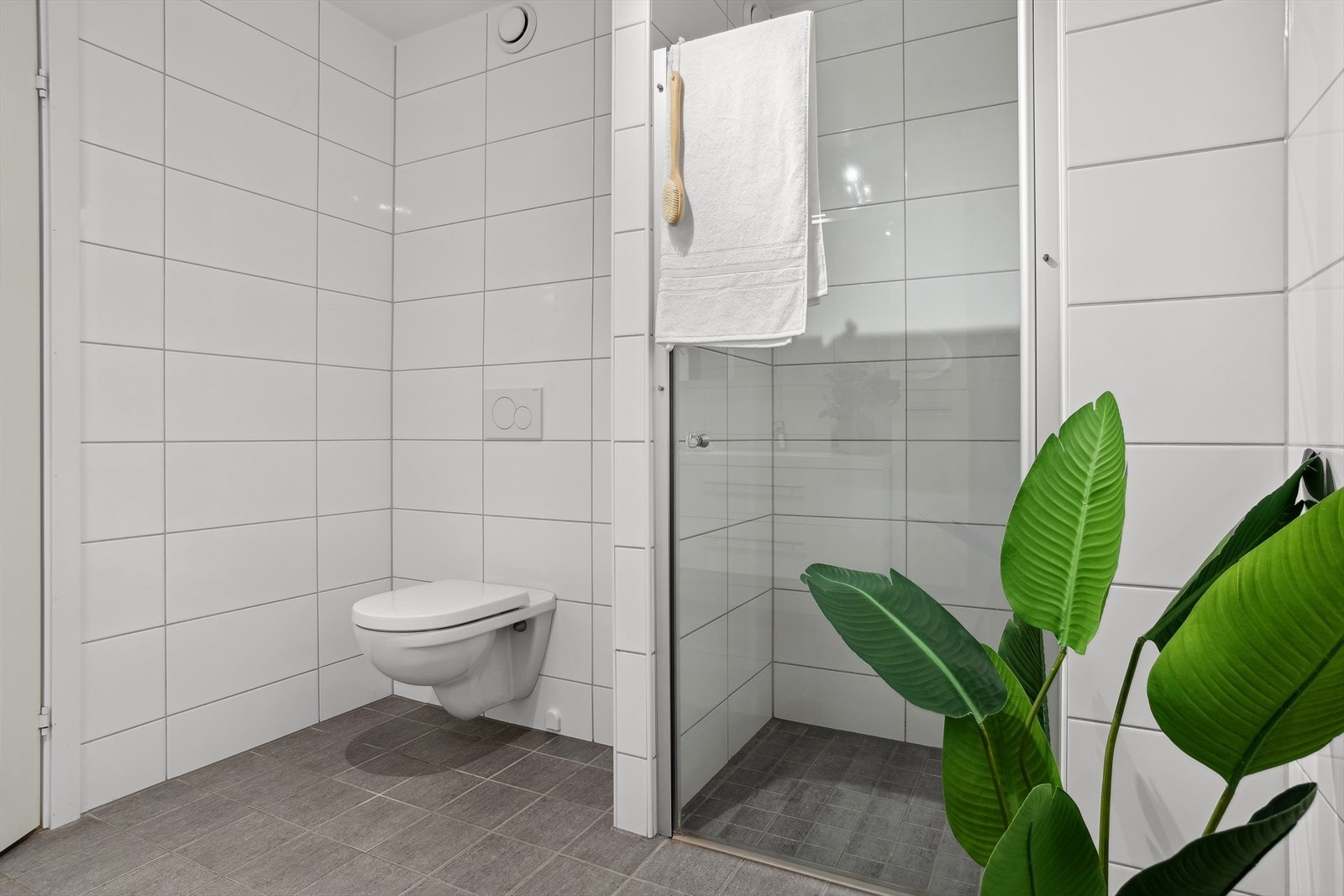 Vegghengt toalett, mekanisk uttrekk, dusjområde, servant og toalett Galleribilde