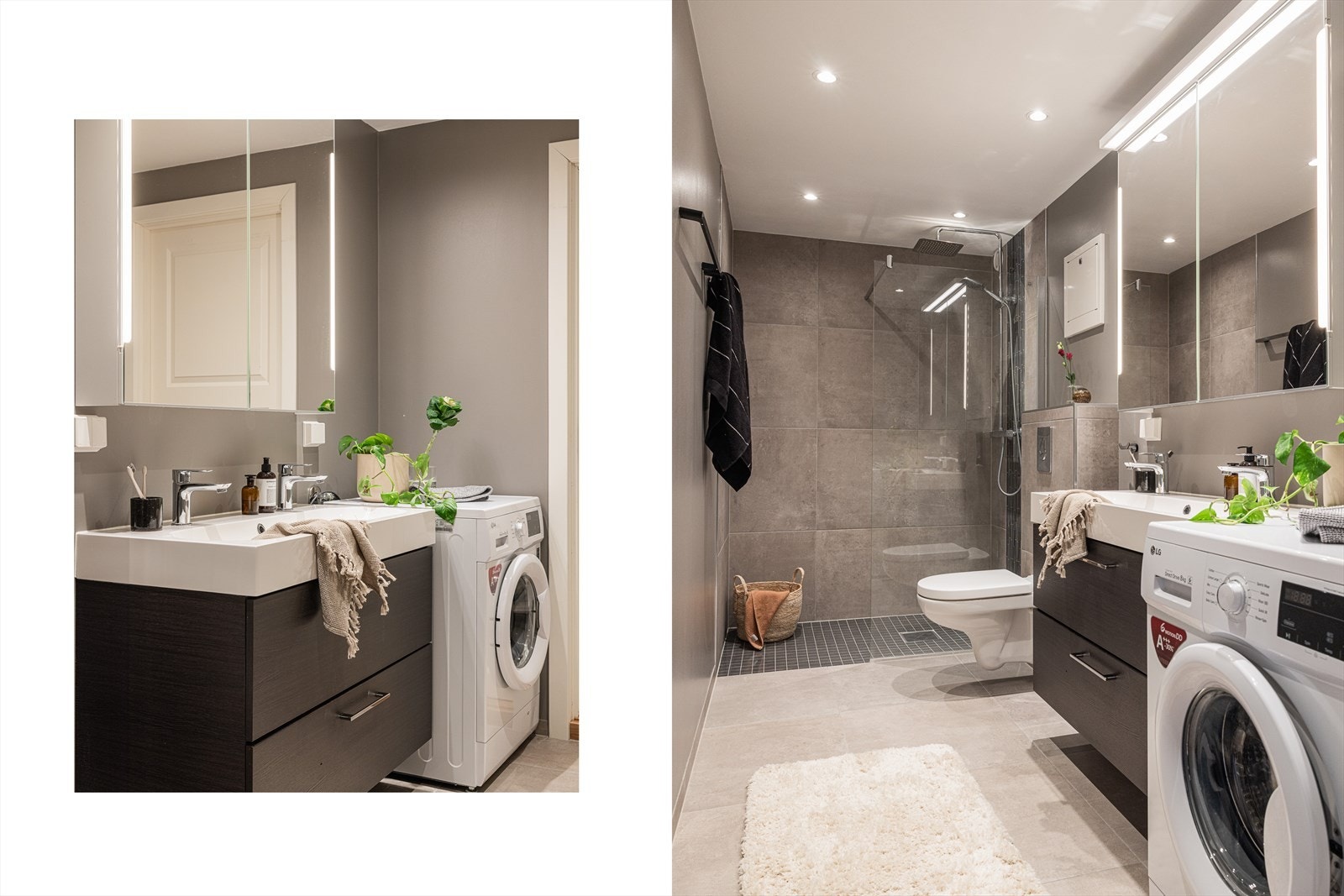 Badet har dusj, servant med skuffer, speilskap, toalett og opplegg for vaskemaskin. Galleribilde