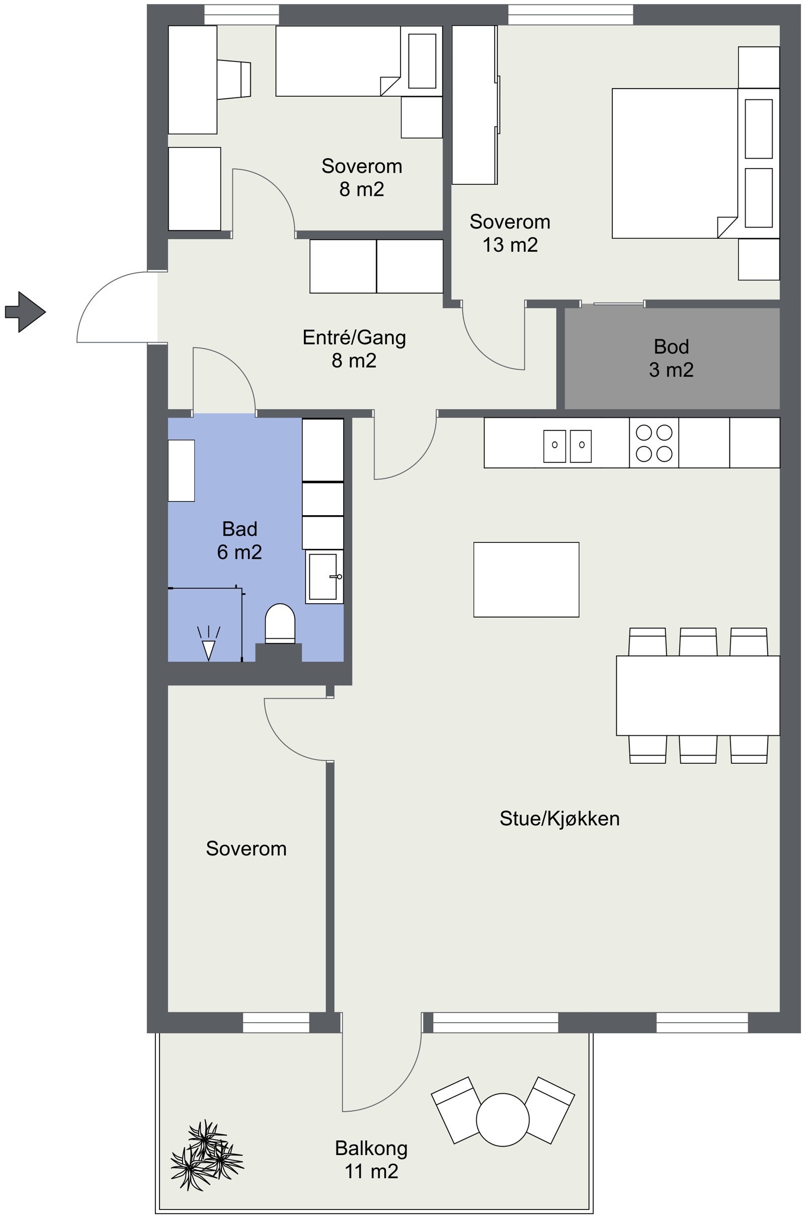 2-D plantegning, alternativ planløsning med et tredje soverom. Galleribilde