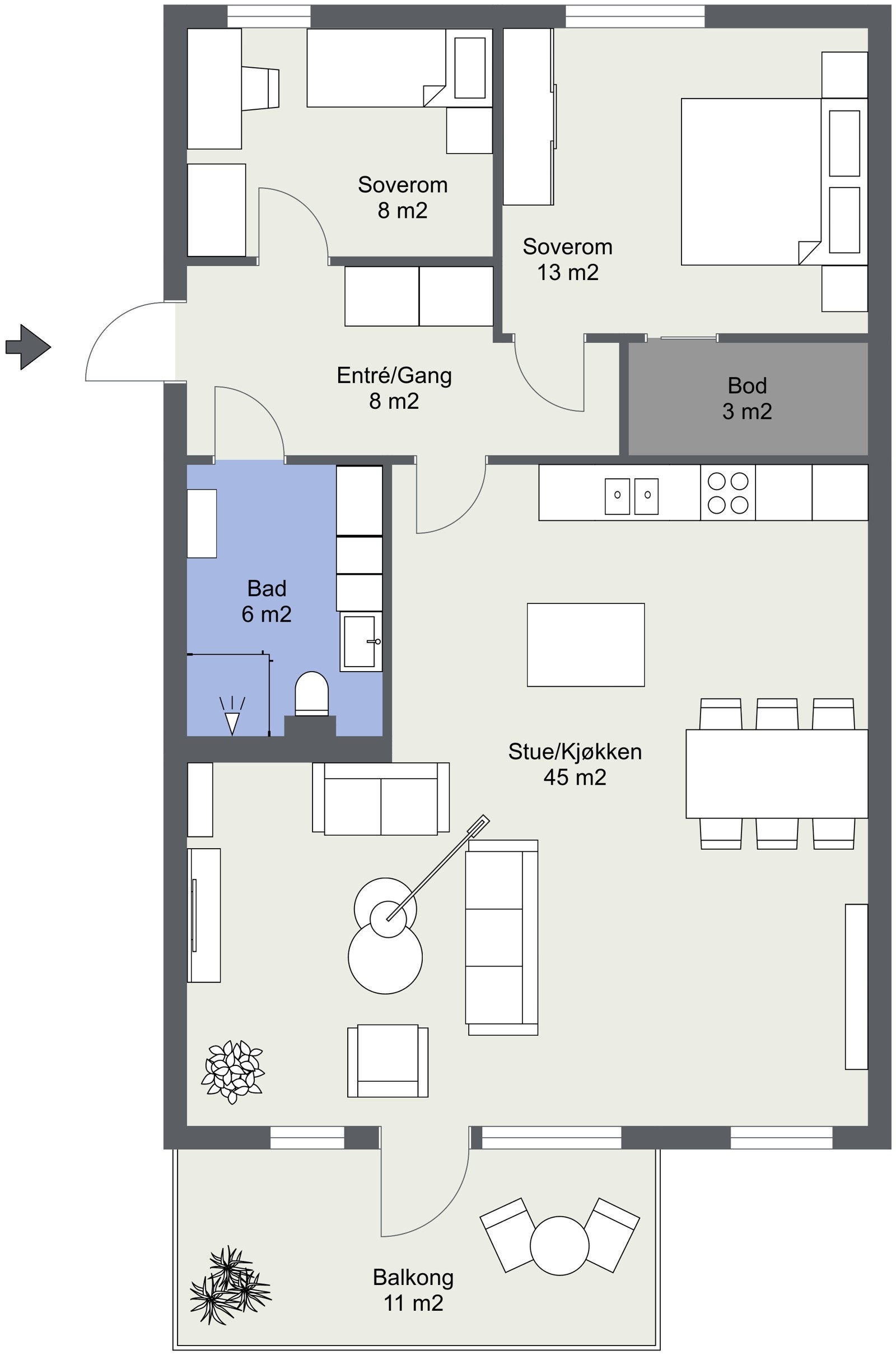 2-D plantegning av leiligheten. Galleribilde