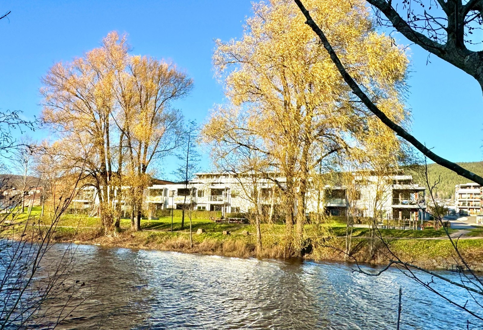 Kort vei til elvepromenaden med elveparken med bade- og lekeplass Galleribilde