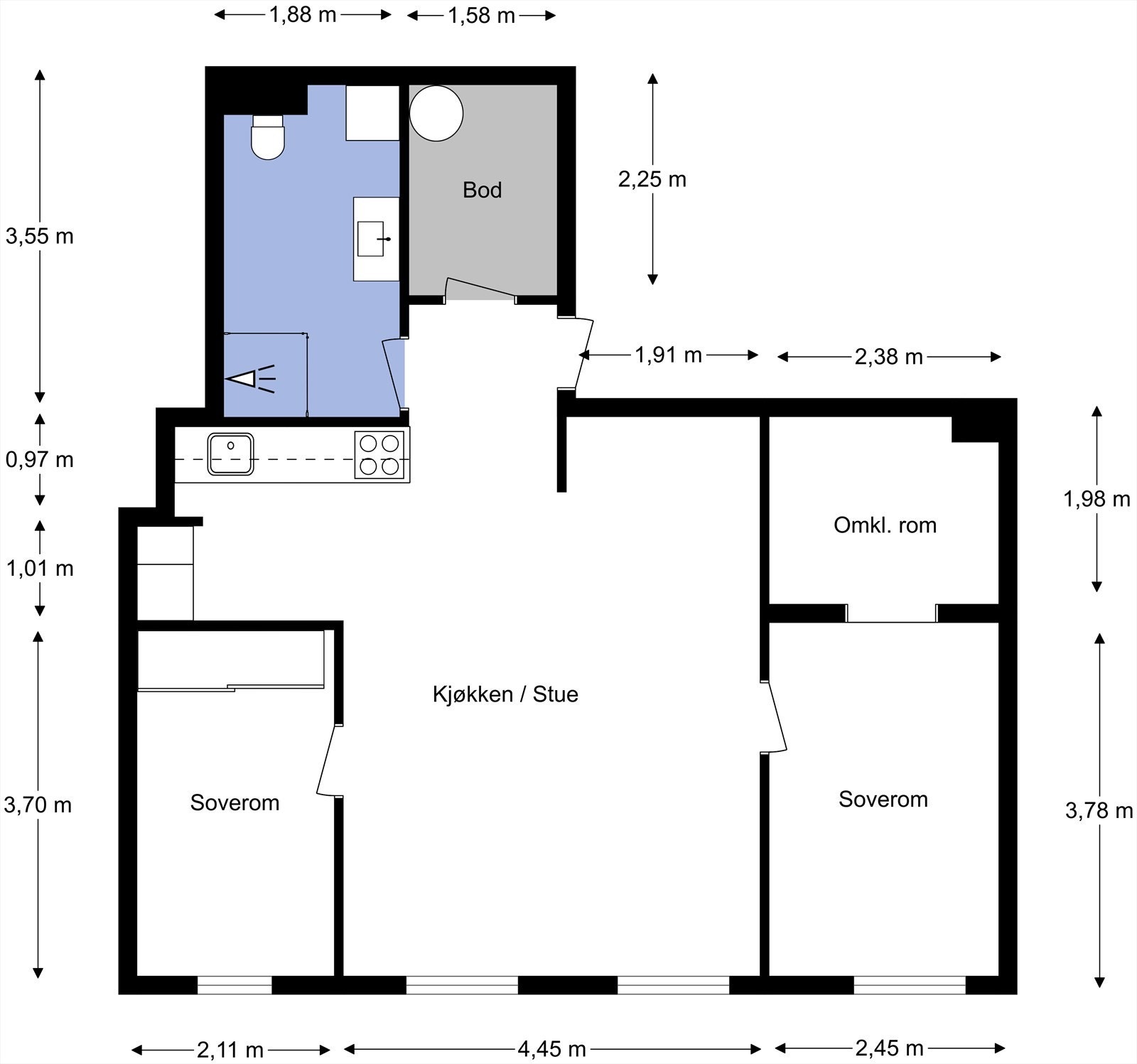 Plantegning fra takstmann. Leiligheten inneholder entré, stue, kjøkken, to soverom, walk-in, bod og bad. Galleribilde