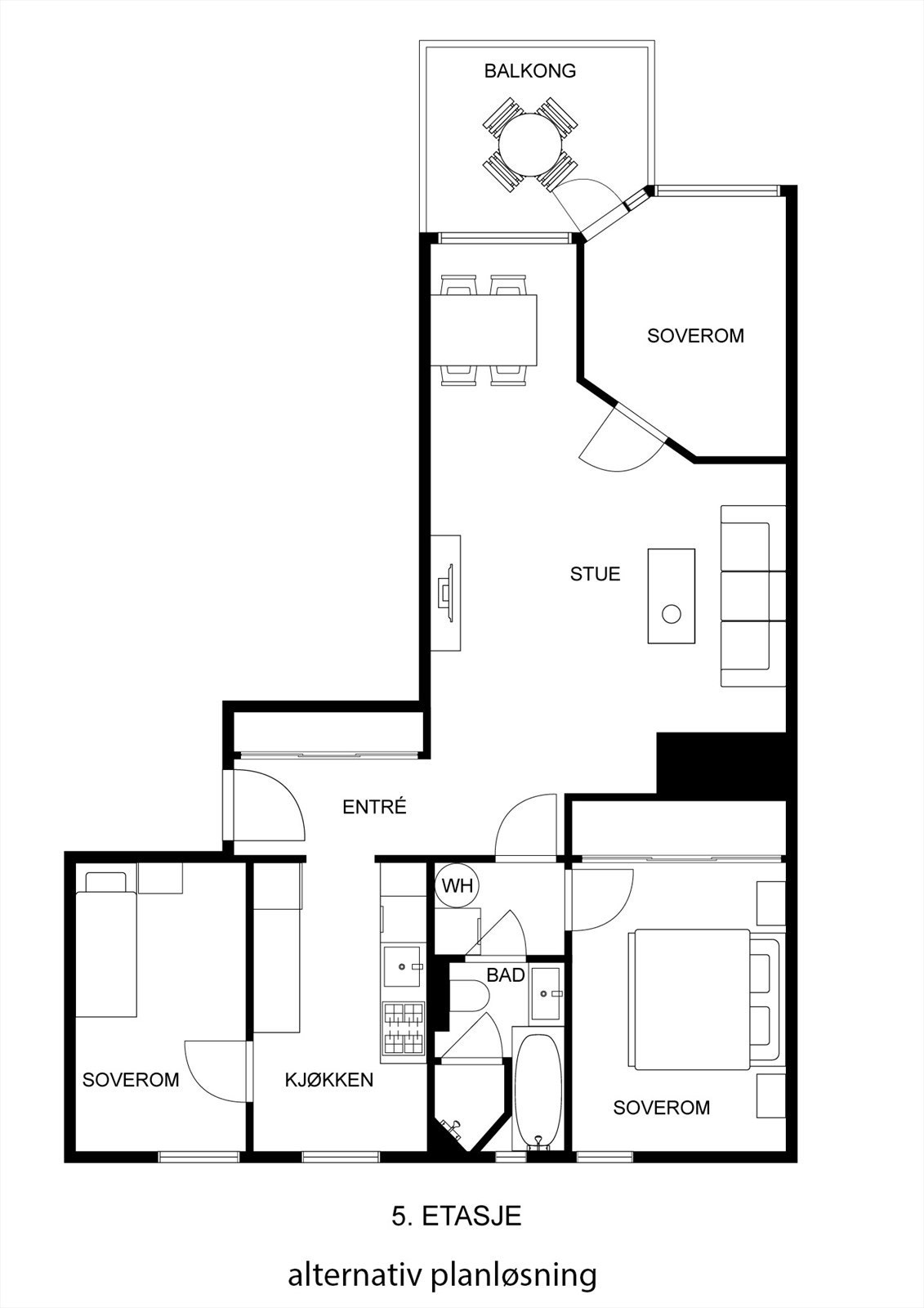 Alternativ planløsning med et ekstra soverom i stuen. Kun til illustrasjon/inspirasjon. Galleribilde
