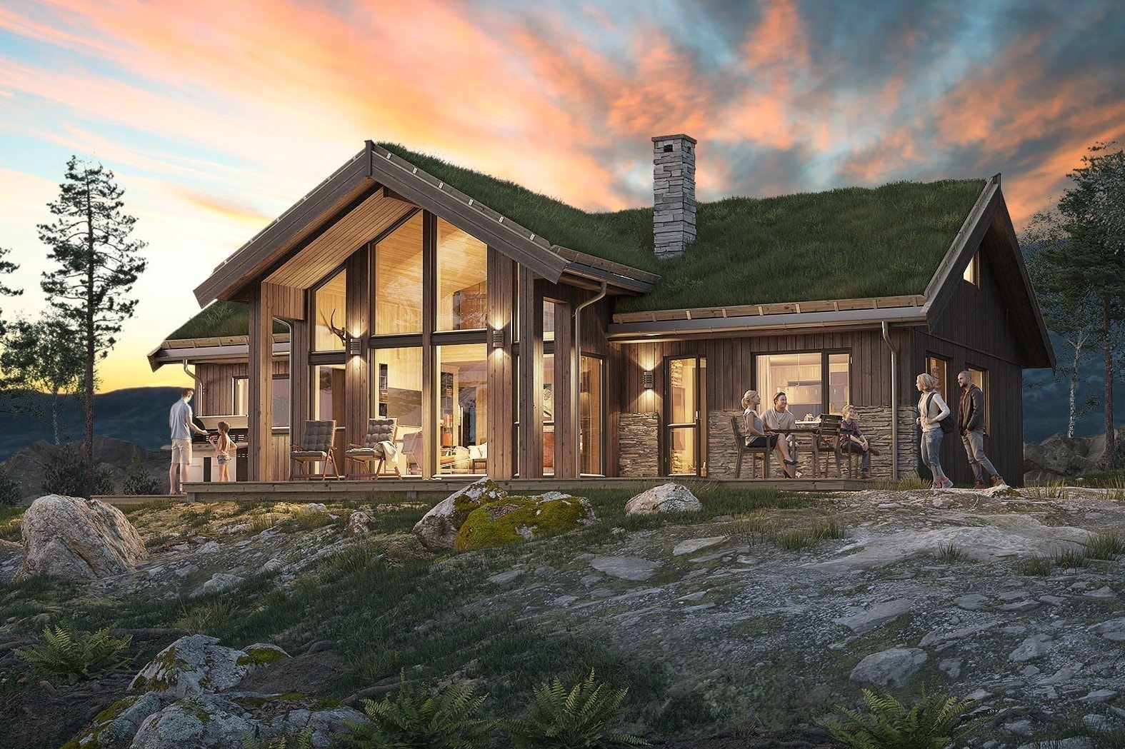 Illustrasjon fasade sommer. På Killingtjern Panorama leverer vi torv på taket som standard. Galleribilde