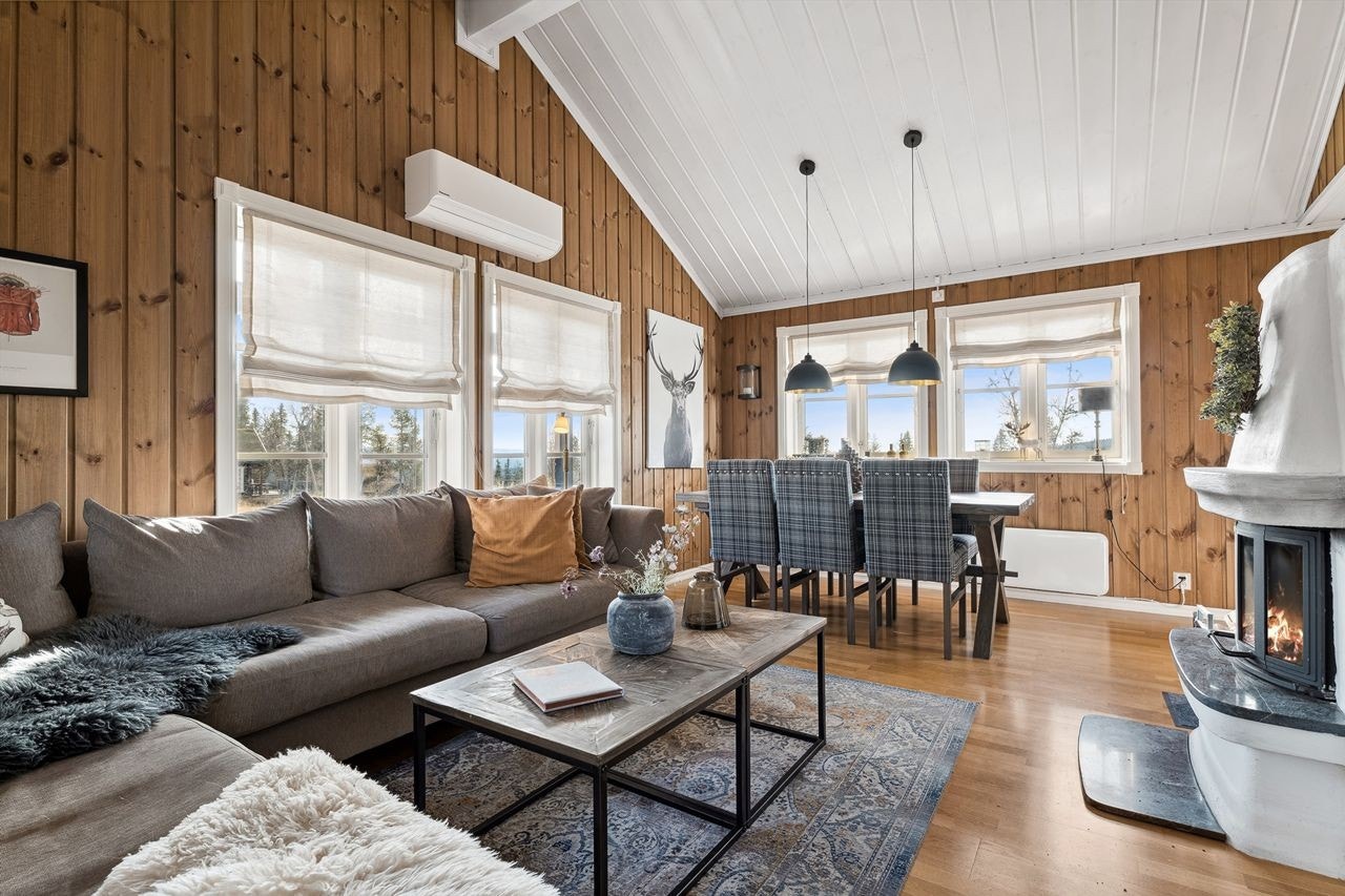 Lun og luftig stue med masse innslipp av dagslys fra ytre himmelretninger - Oppvarming med både varmepumpe(2023), panelovn og vedfyring Galleribilde