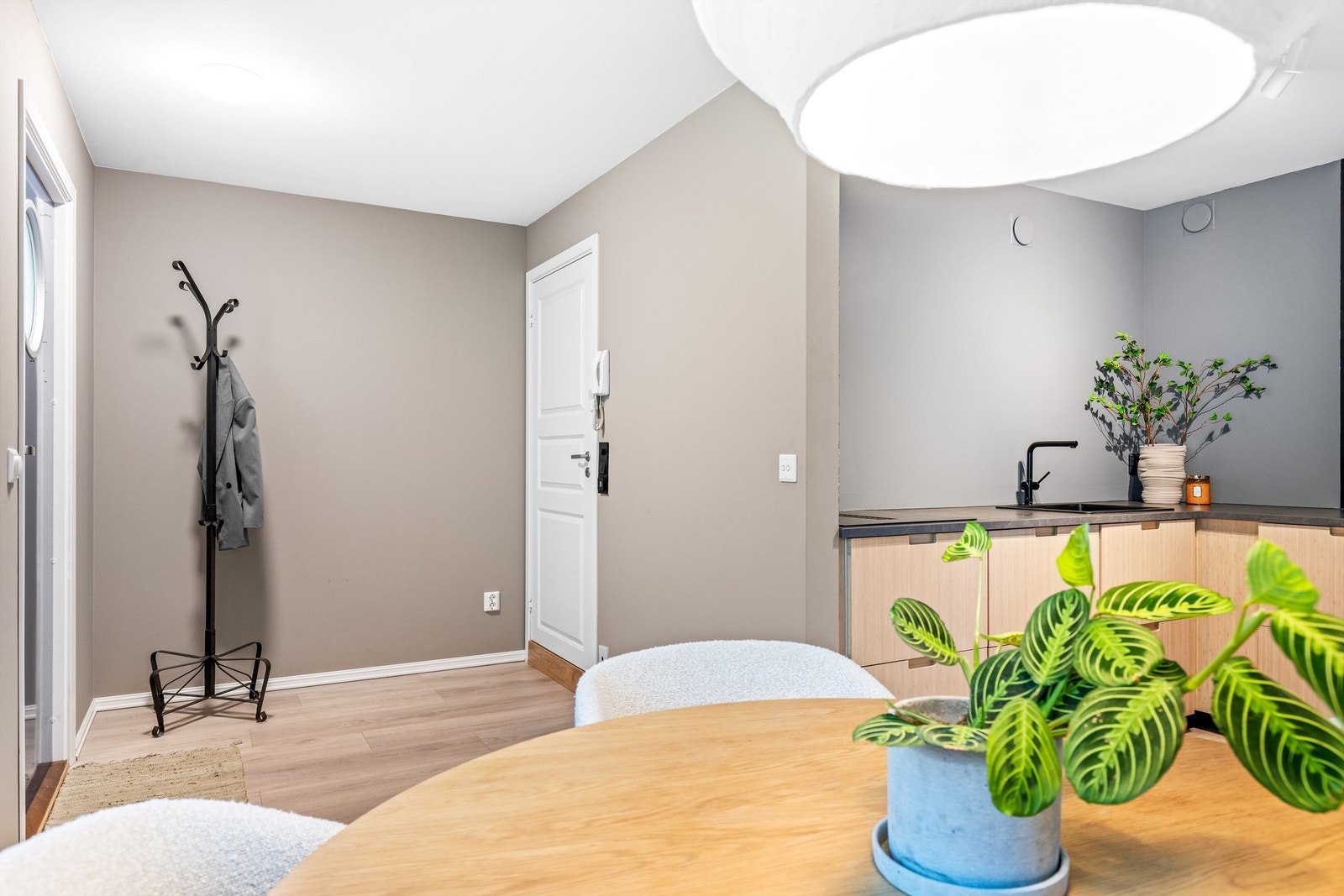 Velkommen inn. Leiligheten har et praktisk inngangsparti med plass til diverse oppheng av yttertøy, skohylle mm. Døren på bildet er tinn til badet. Galleribilde