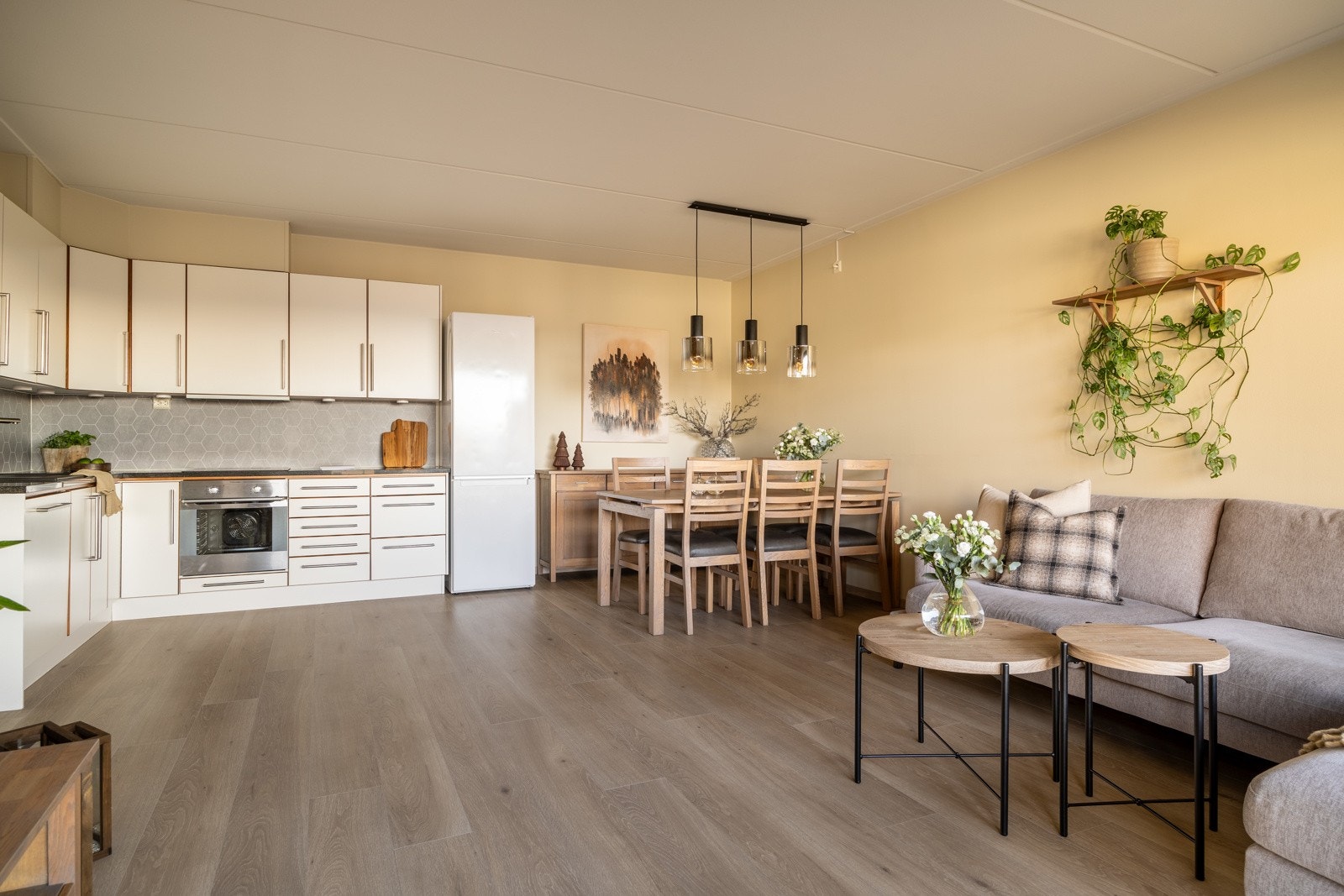 Hvitevarer består av integrert oppvaskmaskin, stekeovn og induksjonstopp, samt frittstående kombiskap. Galleribilde