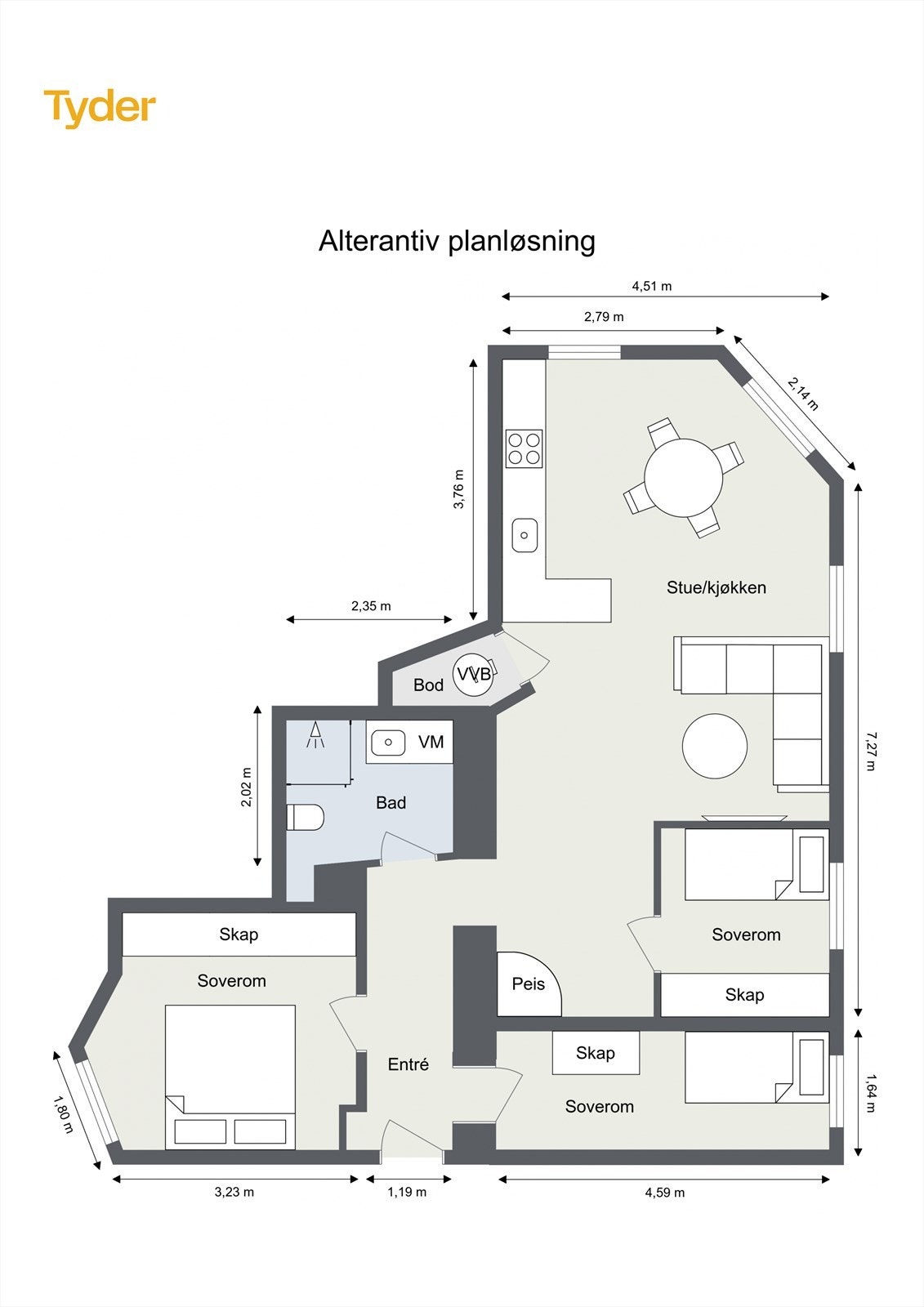 Alternativ plantegning med 3 soverom. Galleribilde