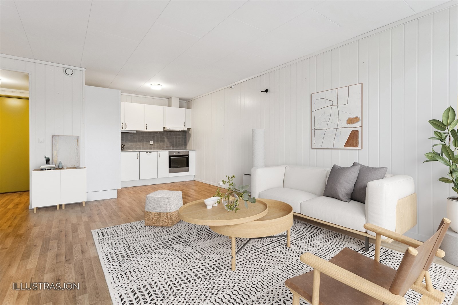 Stuen og kjøkkenet danner et åpent allrom med integrerte hvitevarer og rom for en hyggelig, liten spiseplass. Galleribilde