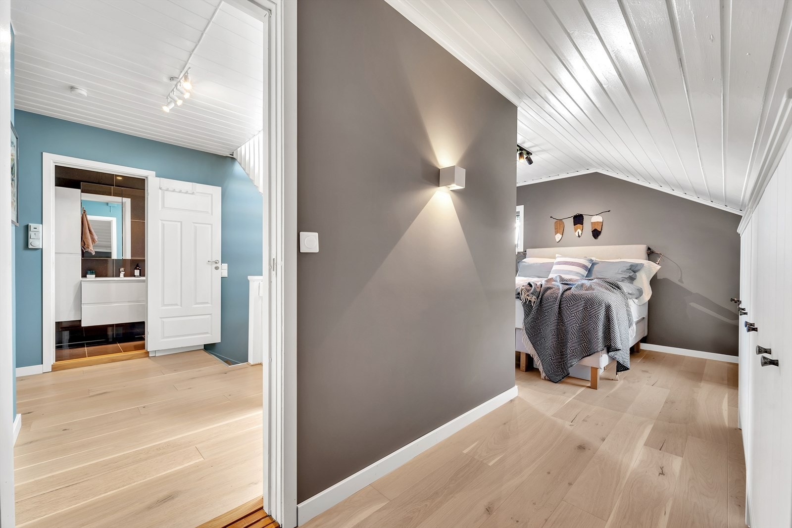 Soverom 1 med parkett på gulv, malte slette vegger og malt panel i tak. Galleribilde