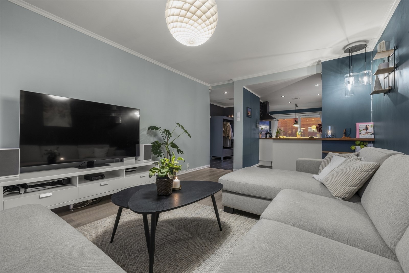 Det er god planløsning med plass til stor sofa og TV-avdeling, og det er en behagelig overgang til kjøkkenet med en fin kjøkkenøy. Galleribilde
