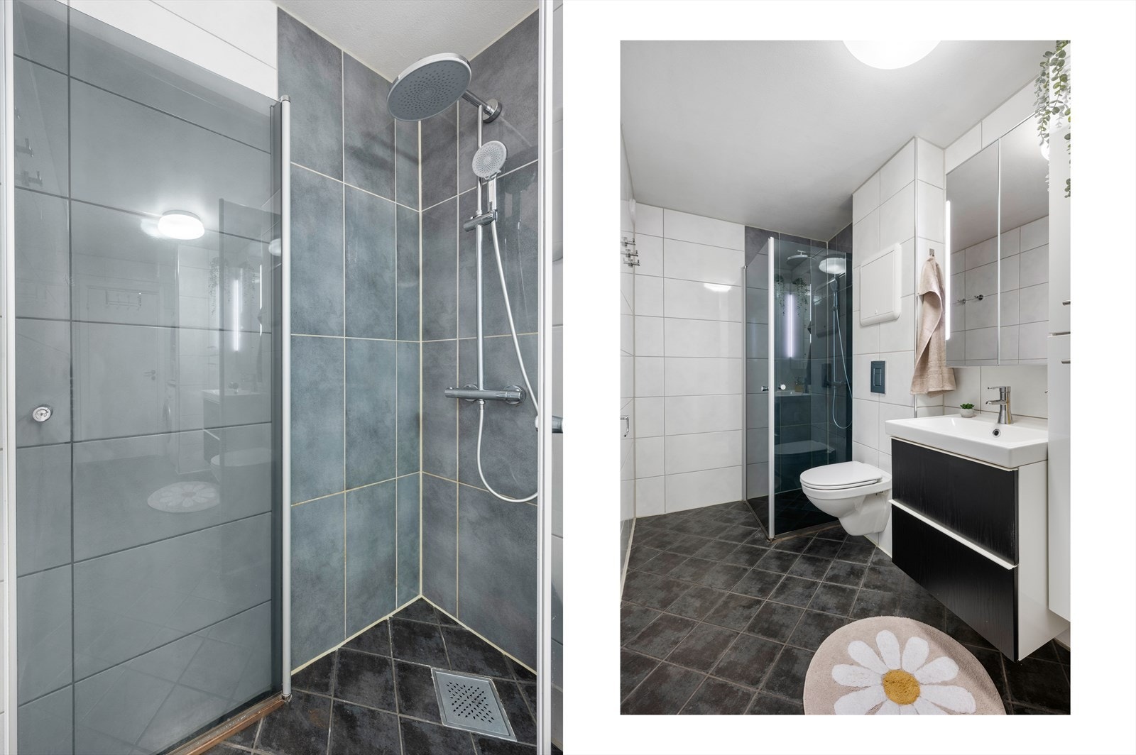 - Badet er utstyrt med baderomsinnredning med nedfelt servant, vegghengt toalett og dusjhjørne - Galleribilde