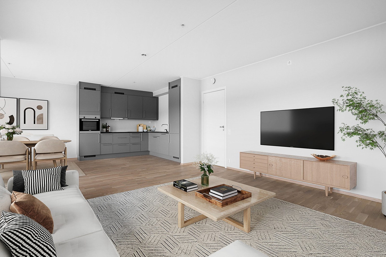 Romslig stue med åpen kjøkkenløsning. Allikevel god plass til stuemøblement og spiseplass. Bildet er digitalt stylet. Galleribilde