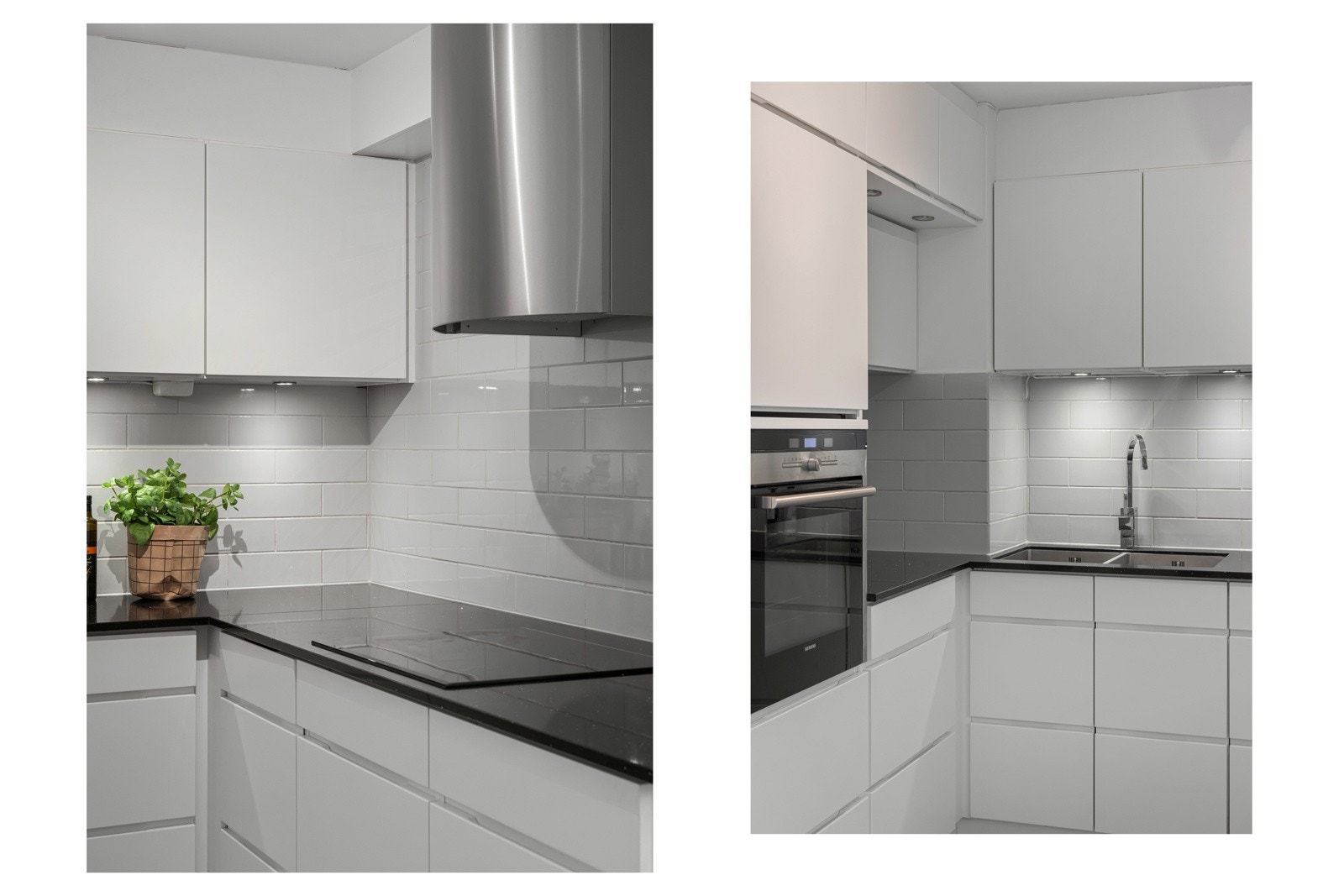 Flislagt vegg med subway tiles over benkeplate gir kjøkkenet et moderne og stilrent preg. Galleribilde