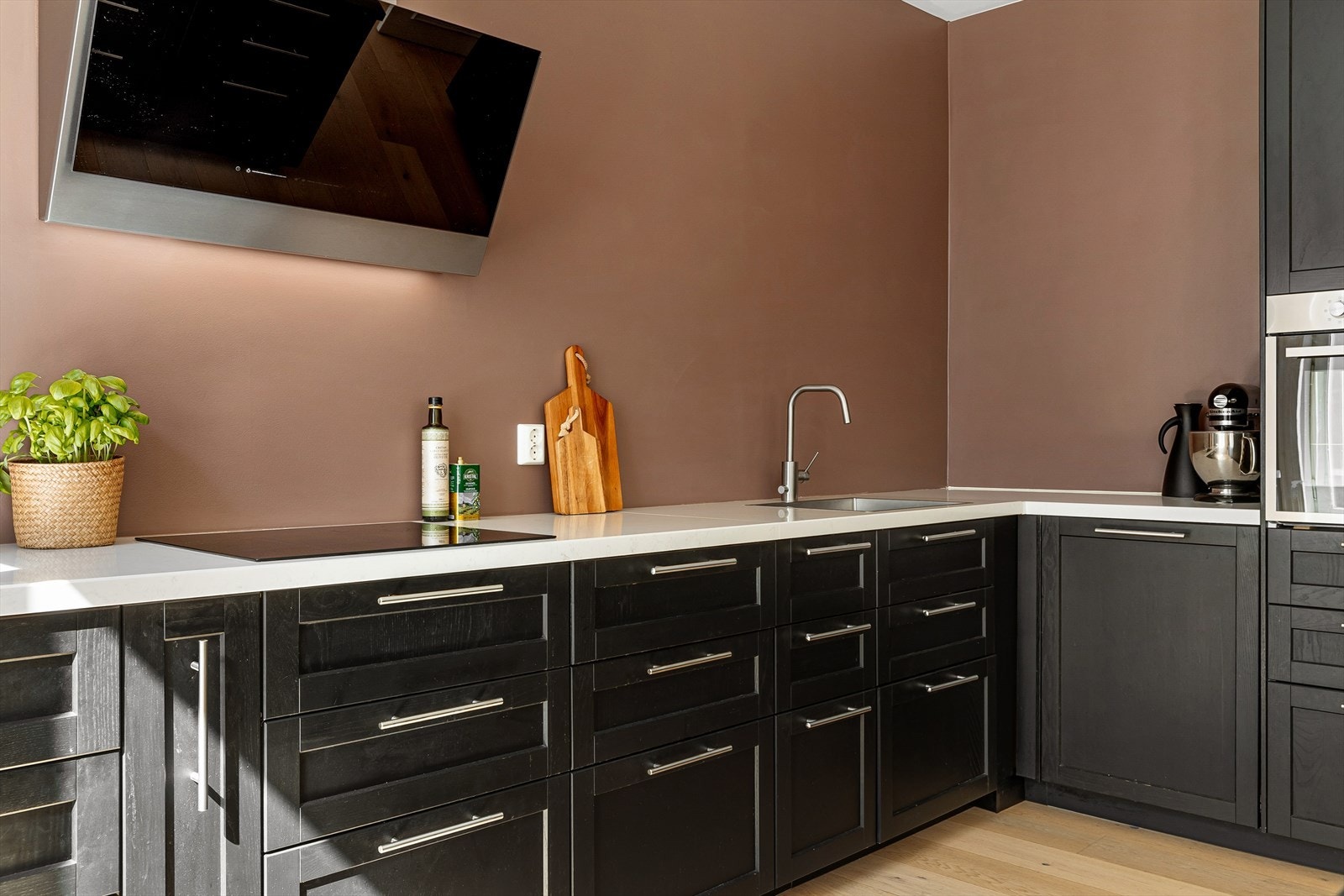 Stor lagringskapasitet i romslige underskap, samt ett heldekkende veggskap. Galleribilde