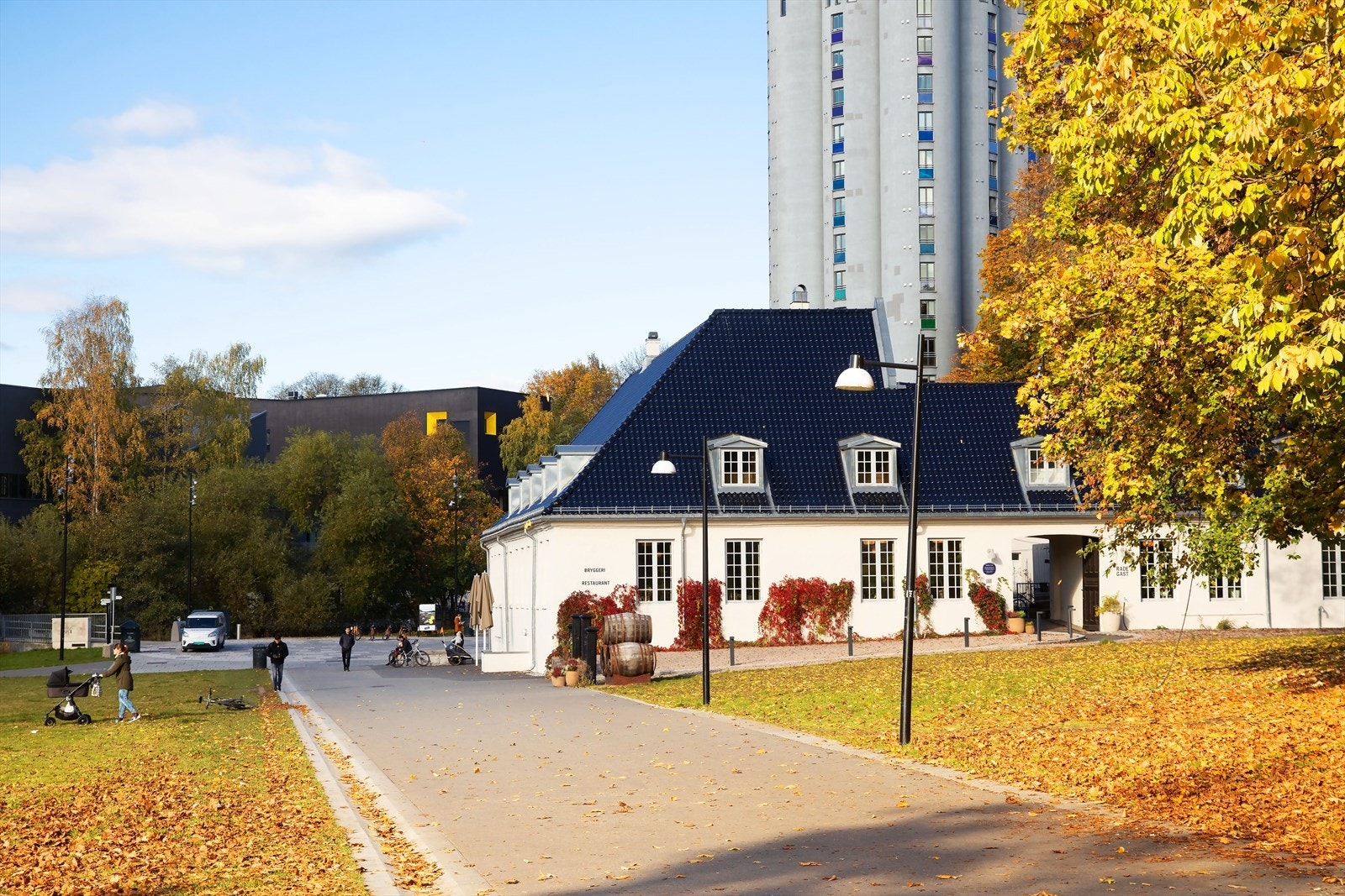 Kort vei til nedre Foss gård. Her kan man nyte en bedre middag eller parkliv. Rett over broe finner man mathallen og Vulkan. Galleribilde