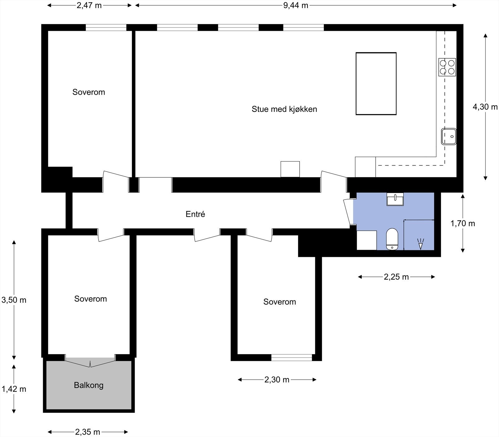 Vi starter med plantegningen slik at du får orientert deg i boligen. I tillegg disponerer leiligheten tre boder, to i kjelleren og en rett over gangen. Galleribilde