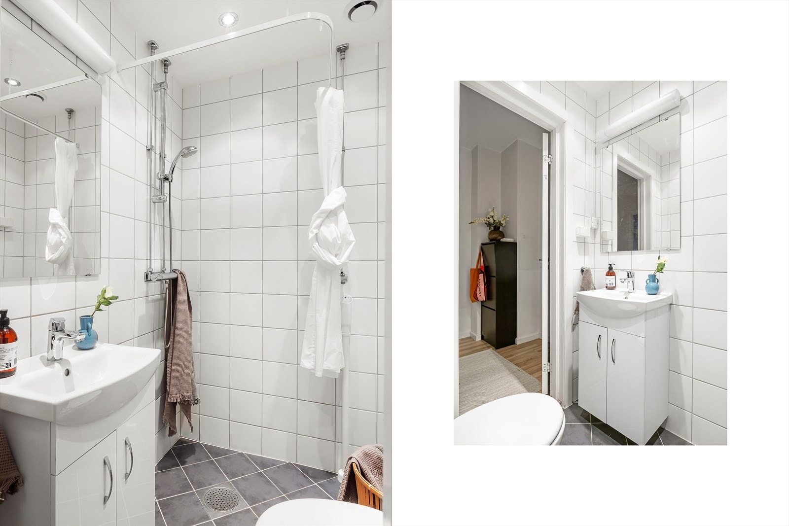 Badet er innredet med lyse fliser på vegger og gulv, samt elektriske varmekabler i gulv Galleribilde