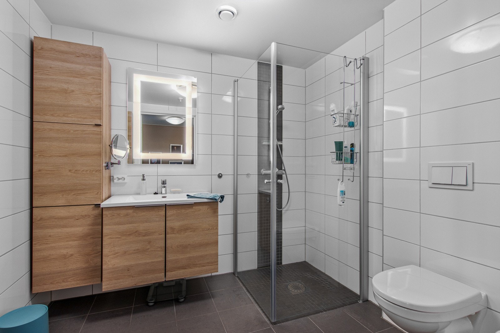 Inredningen på badet består av moderne innredning med servant, samt speil med belysning over servant. Videre har badet dusjhjørne med innfellbare dører, vegghengt toalett. Galleribilde