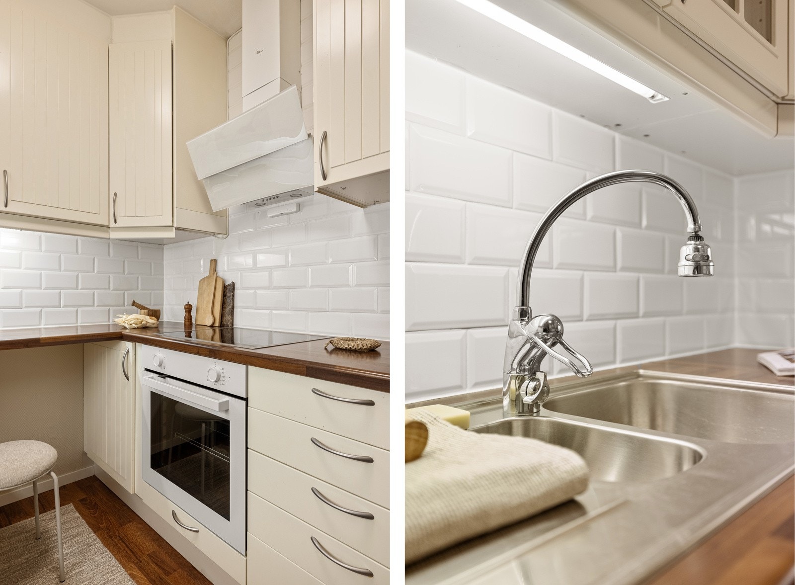 Kjøkkenet består av profilerte fronter og glasskap i kombinasjon med benkeplate i laminat med nedfelt vask av stål. Galleribilde