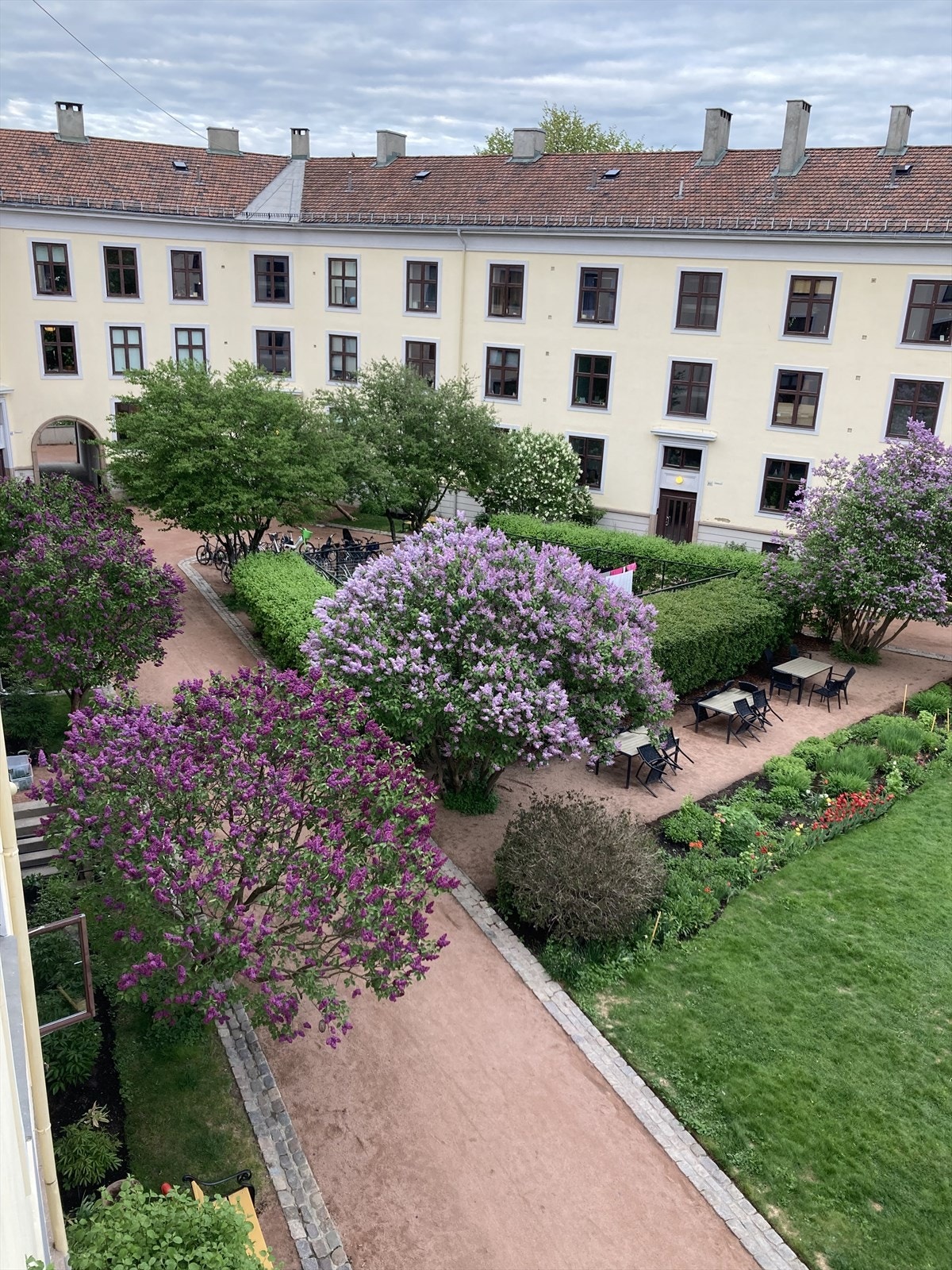 Fantastisk flott bygård med frodige fellesarealer og sitteplasser for beboerne Galleribilde