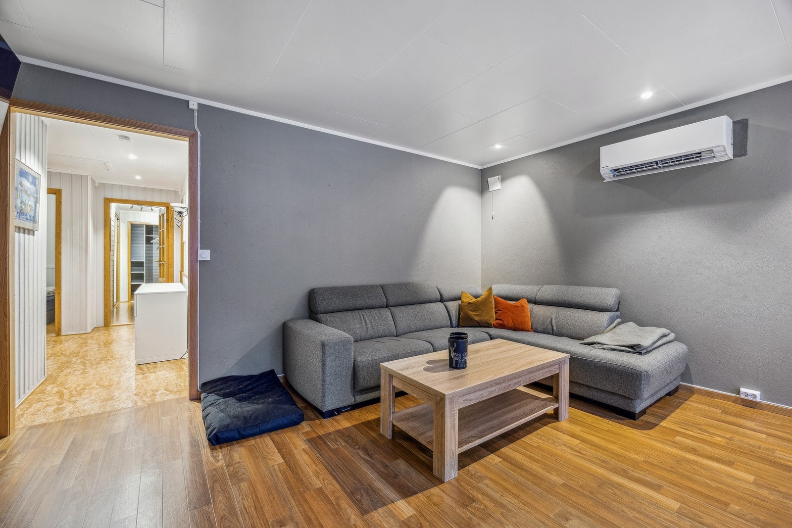 Varmepumpe og vedovn i stuen Galleribilde