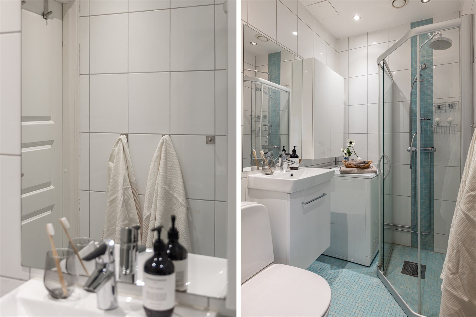 Funksjonelt flislagt bad med opplegg for vaskemaskin Galleribilde