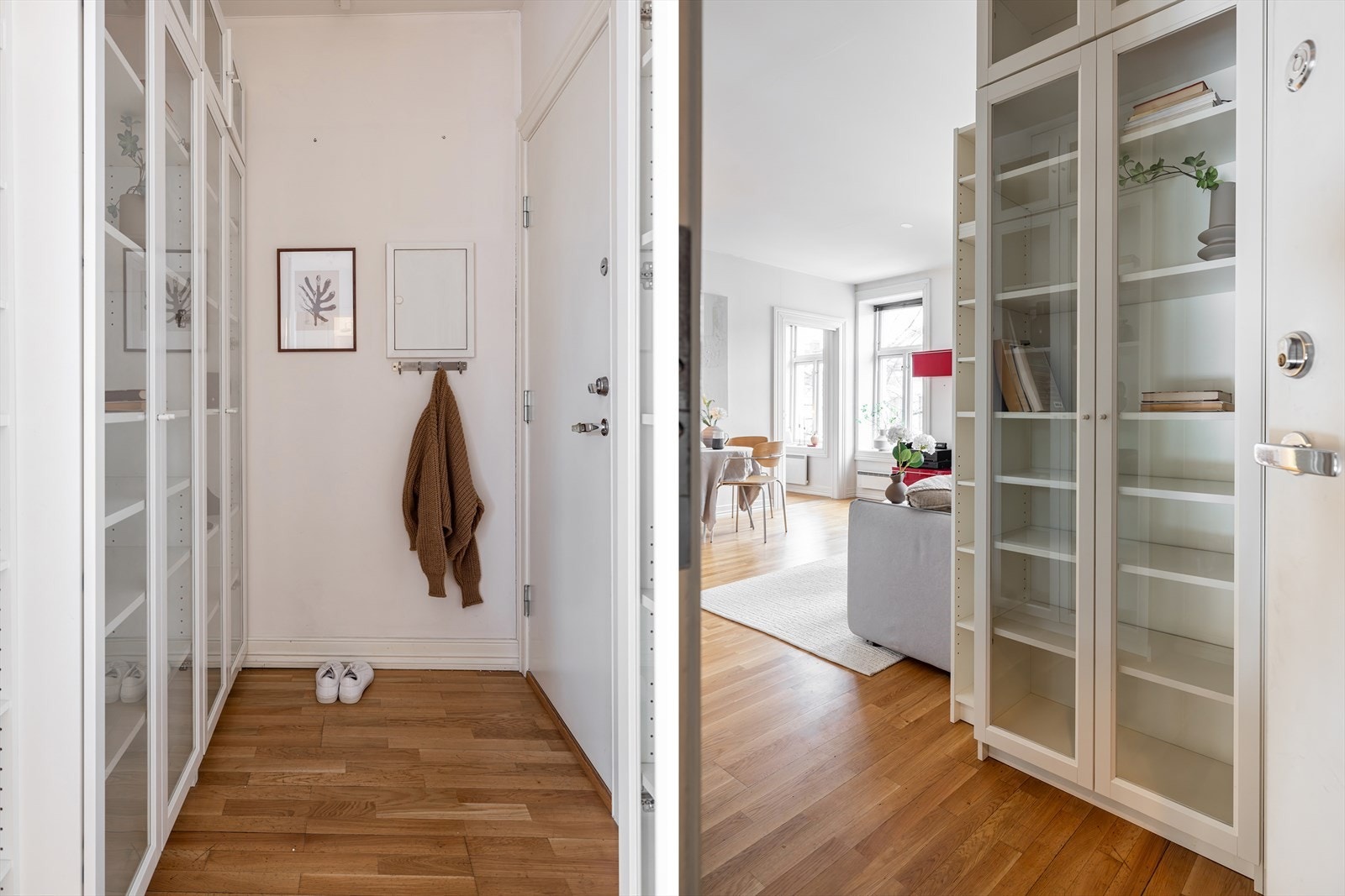 Innbyende entré med god plass til oppheng av yttertøy og plassering av sko. Ekstra oppbevaringsmuligheter i skap. Galleribilde