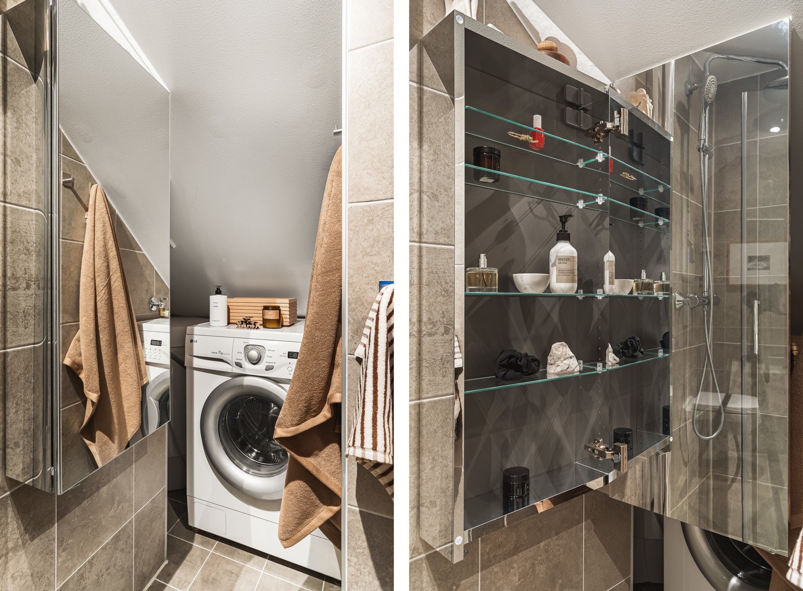 Badet er innredet med dusj/m glassvegger, vegghengt toalett, opplegg til vaskemaskin og en praktisk baderomsinnredning. Galleribilde