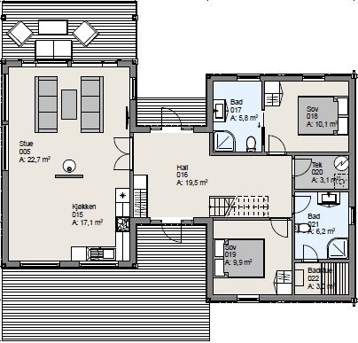 Plantegning av 1. etasje - Plantegningen er ikke målbar, og noe avvik kan foremkomme. Megler/ selger tar ikke ansvar for evt. feil innredning og faste innstallasjoner kan avvike fra den faktiske innredningen. Galleribilde
