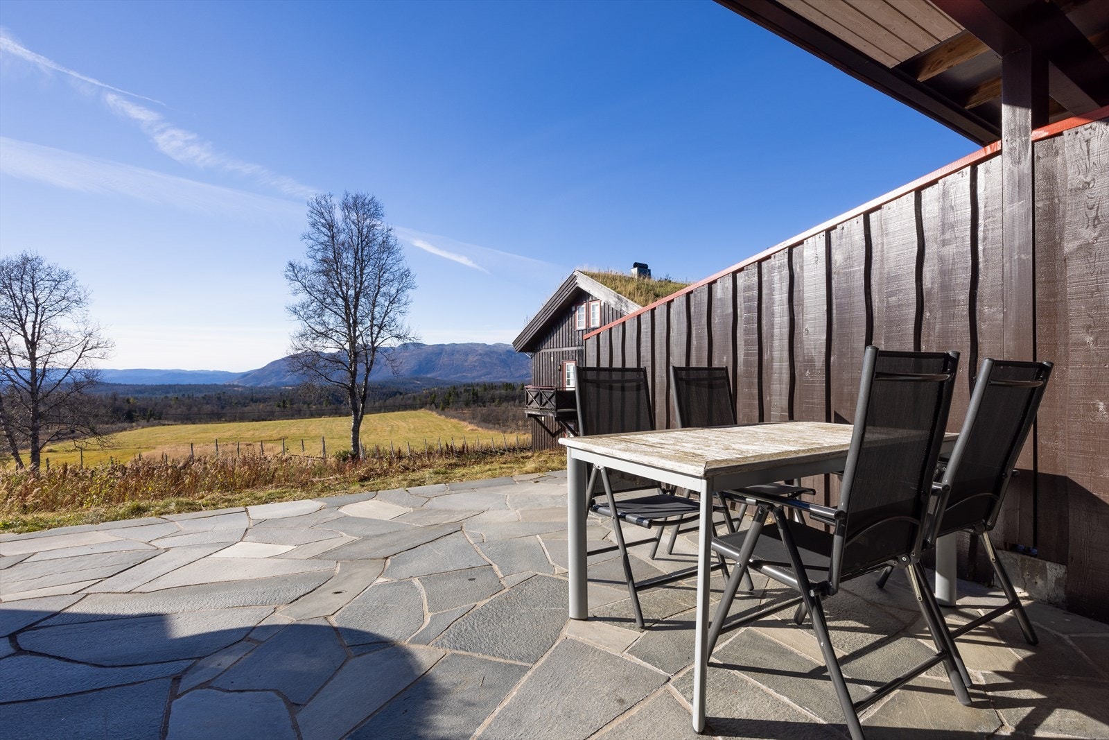 Det er rikelig med plass til utemøbler på terrassen, og om vinteren kan man eventuelt sette opp en bålpanne. Galleribilde
