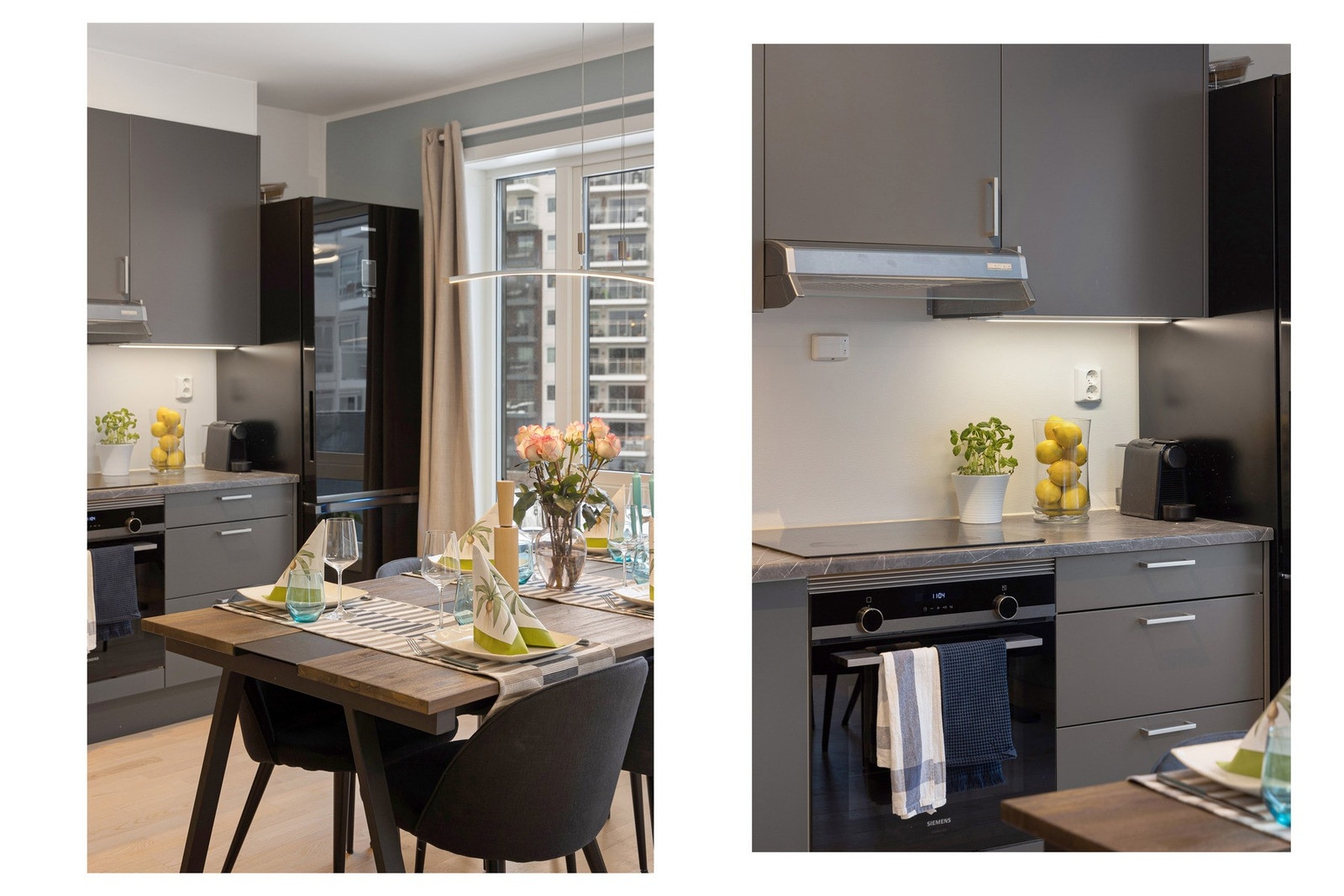 Kjøkkenet er fullt utstyrt med integrerte hvitevarer, inkludert induksjonstopp, stekeovn og oppvaskmaskin. Ventilatoren over kokesonen er koblet til det balanserte ventilasjonsanlegget. Galleribilde