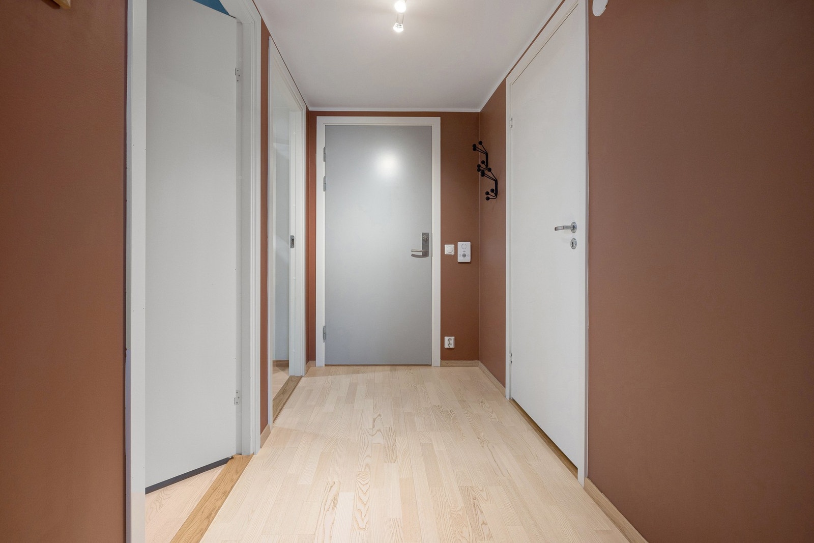 Entreen har samme trestavs parkett som resten av leiligheten og er malt i en moderne, varm fargetone som gir et innbydende førsteinntrykk. Galleribilde