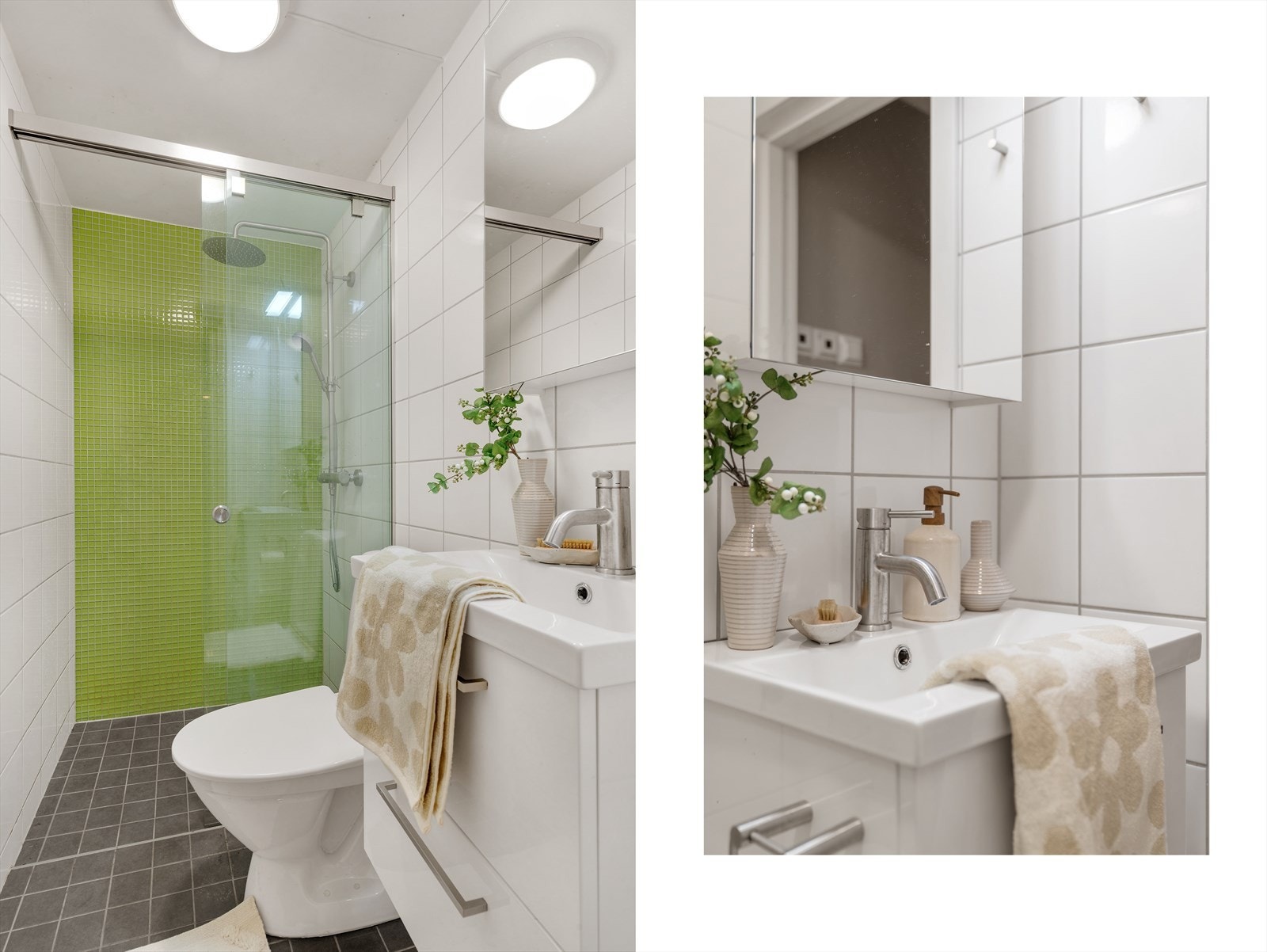 - Badet er innredet med baderomsinnredning med nedfelt servant, dusjhjørne og toalett - Galleribilde