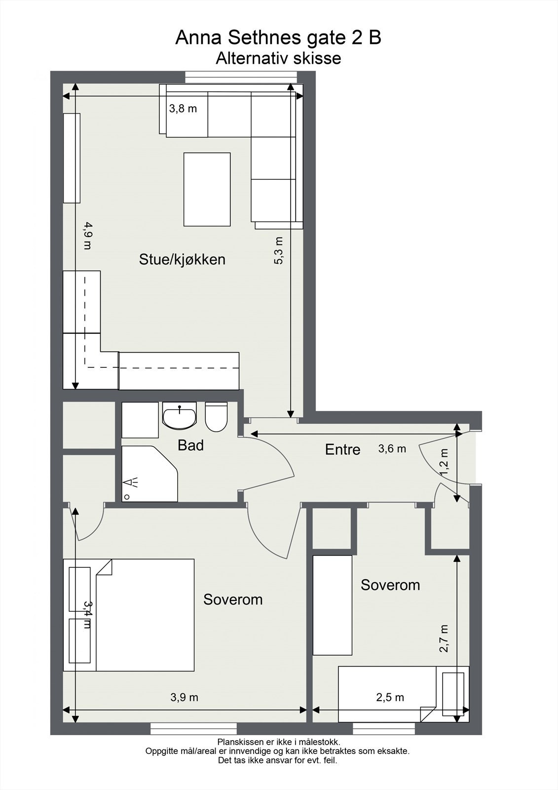 Alternativ plantegning - Interessenter bes om å gjøre ytterlige undersøke om kjøkken kan flyttes, dersom endring av planløsning er avgjørende for kjøp. Galleribilde