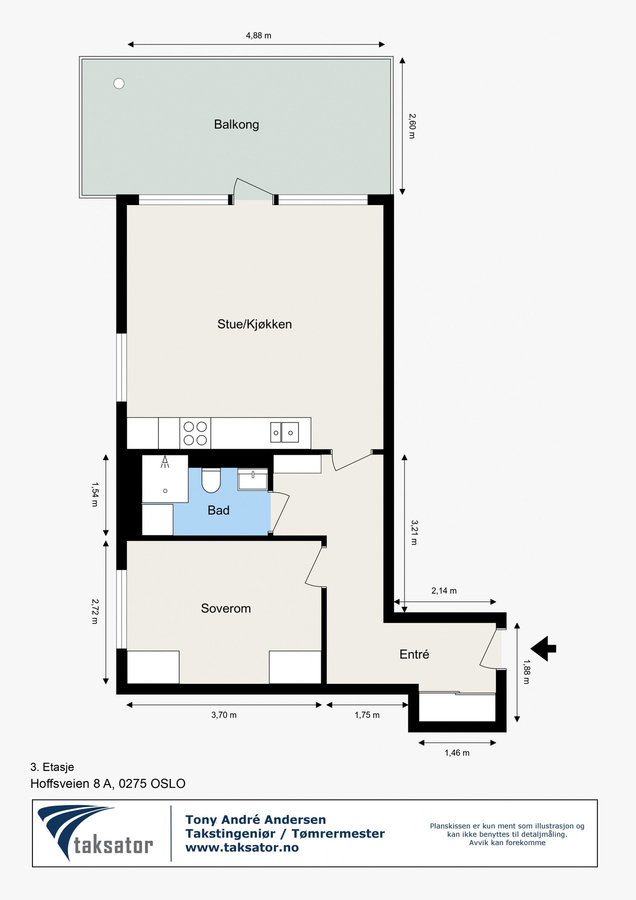 Målsatt plantegning. Leiligheten disponerer i tillegg en bod i kjeller på ca. 4,5 kvm. Galleribilde