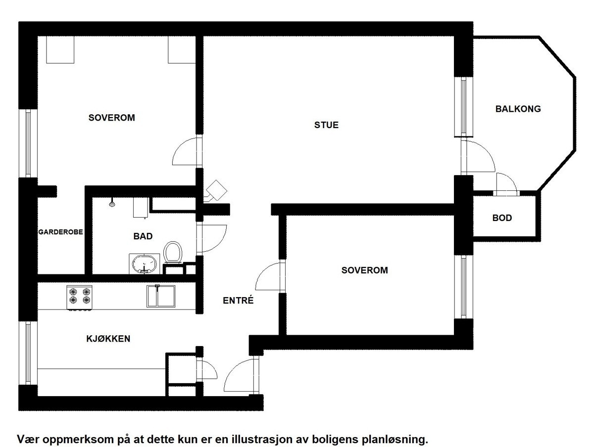 Planskisse. Utover overnevnte areal disponerer leiligheten loftsbod med gulvareal på ca. 13 m² og 2 kjellerboder på hhv. 2,8 og 3 m². Galleribilde