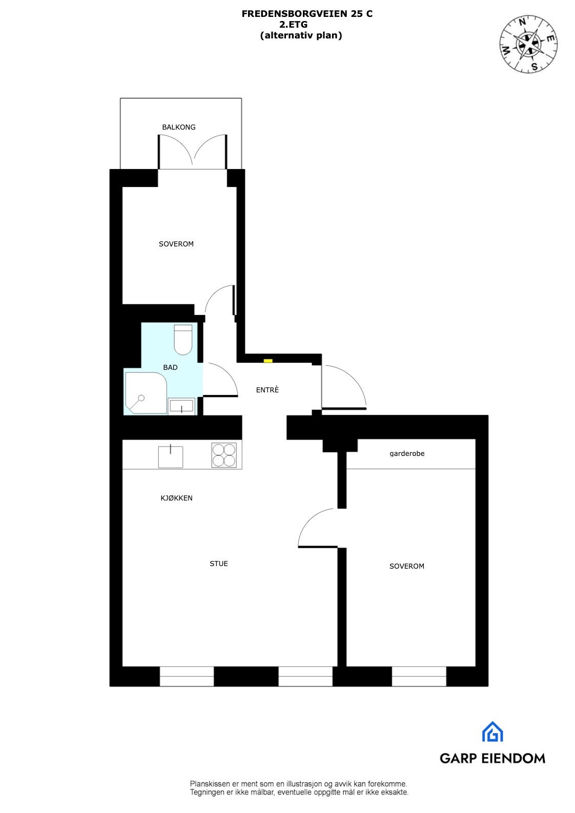 Alternativ planløsning med 2 soverom. Det er ikke undersøkt hvorvidt denne ombyggingen krever godkjenning eller lar seg gjennomføre som illustrert. Megler/selger tar ikke ansvar for om dette lar seg gjøre. Galleribilde
