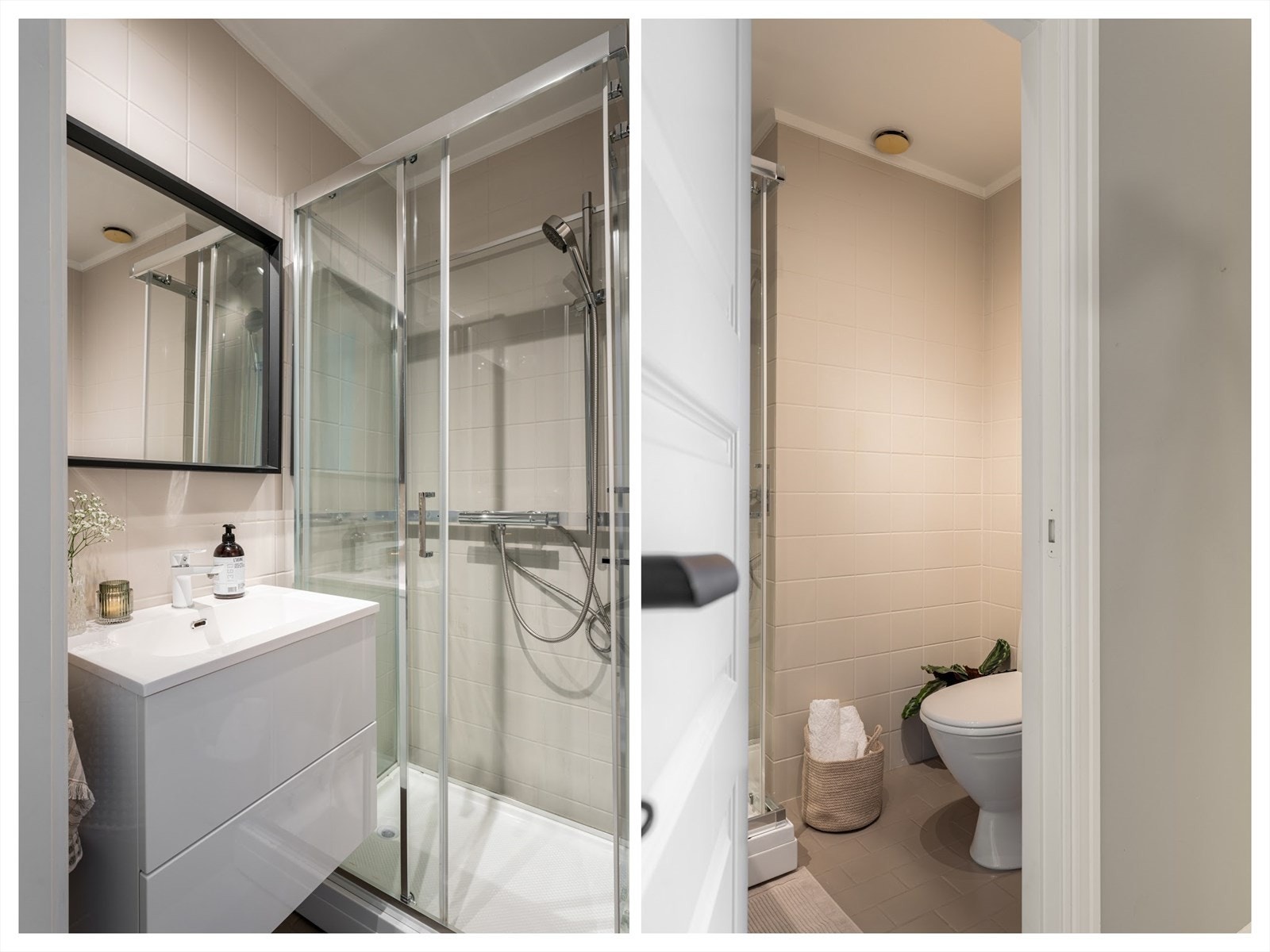 Lyst flislagt bad utstyrt med dusjkabinett, wc, servantskap og varme i gulv. Opplegg for vaskemaskin i trappebod mellom 1. og 2. etg. Galleribilde